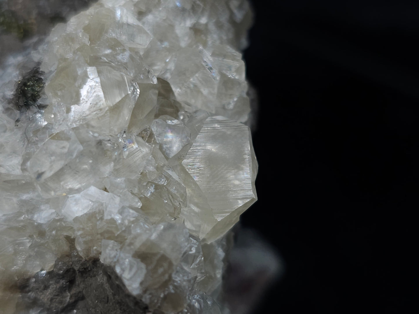#33177 Double phantom Nailhead and clear Nailhead Spar Calcite geode with Chalcopyrite ore and multiple small fossils in the matrix
