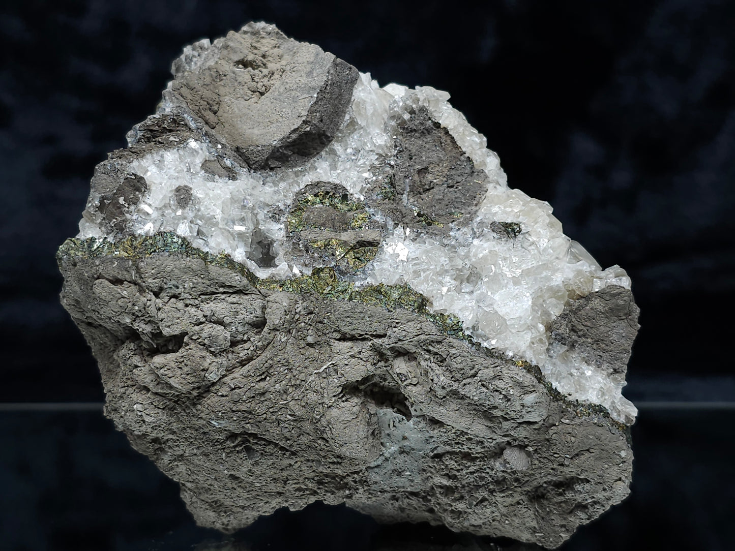 #33177 Double phantom Nailhead and clear Nailhead Spar Calcite geode with Chalcopyrite ore and multiple small fossils in the matrix