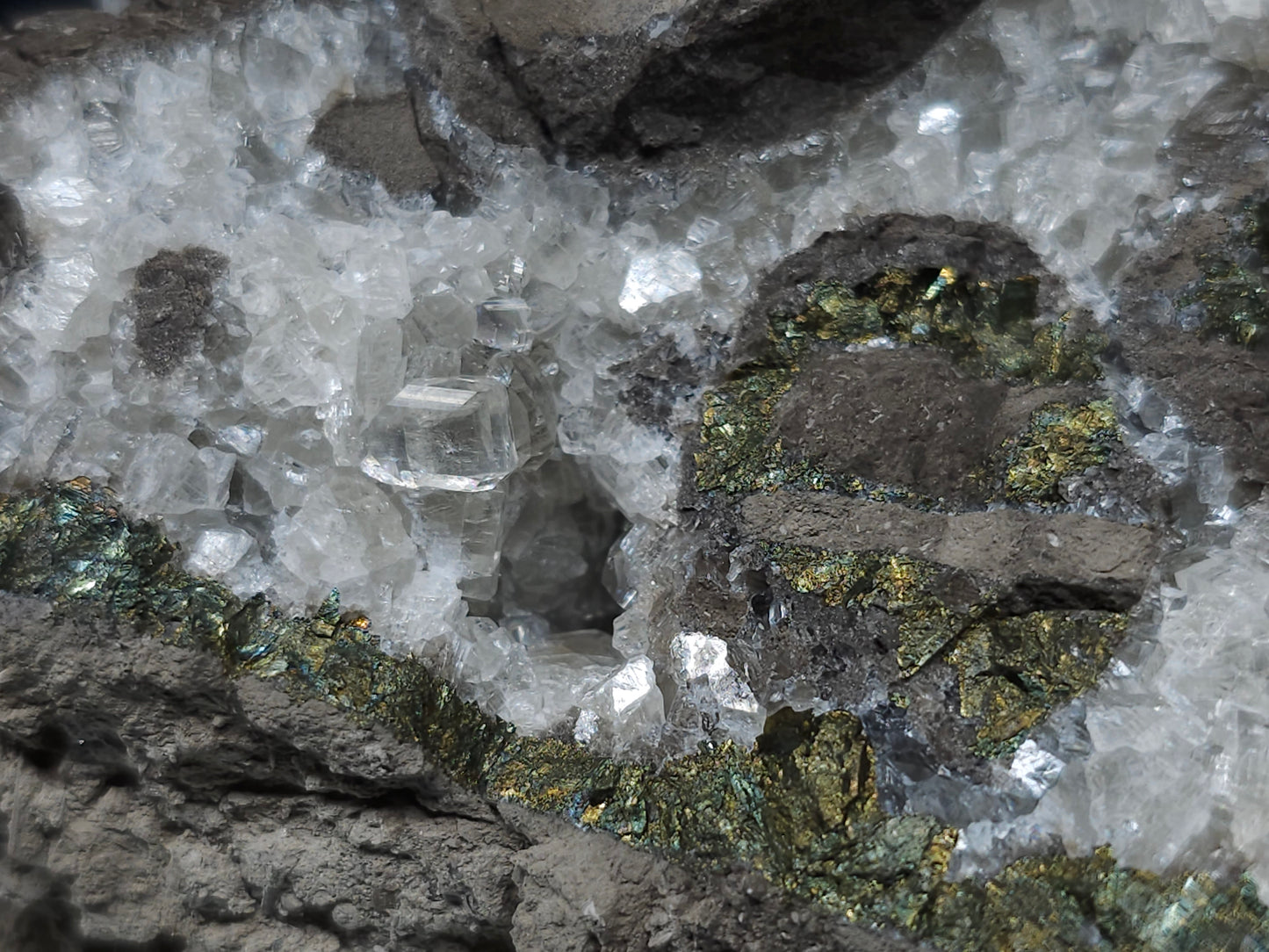 #33177 Double phantom Nailhead and clear Nailhead Spar Calcite geode with Chalcopyrite ore and multiple small fossils in the matrix
