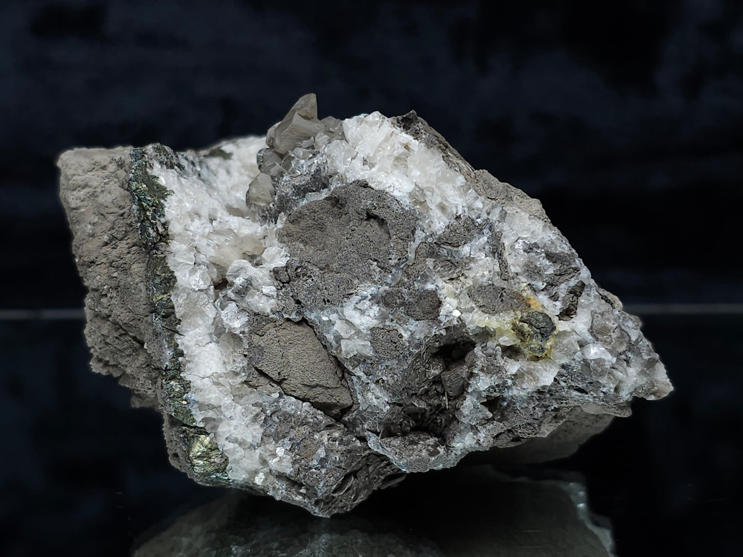 #33177 Double phantom Nailhead and clear Nailhead Spar Calcite geode with Chalcopyrite ore and multiple small fossils in the matrix