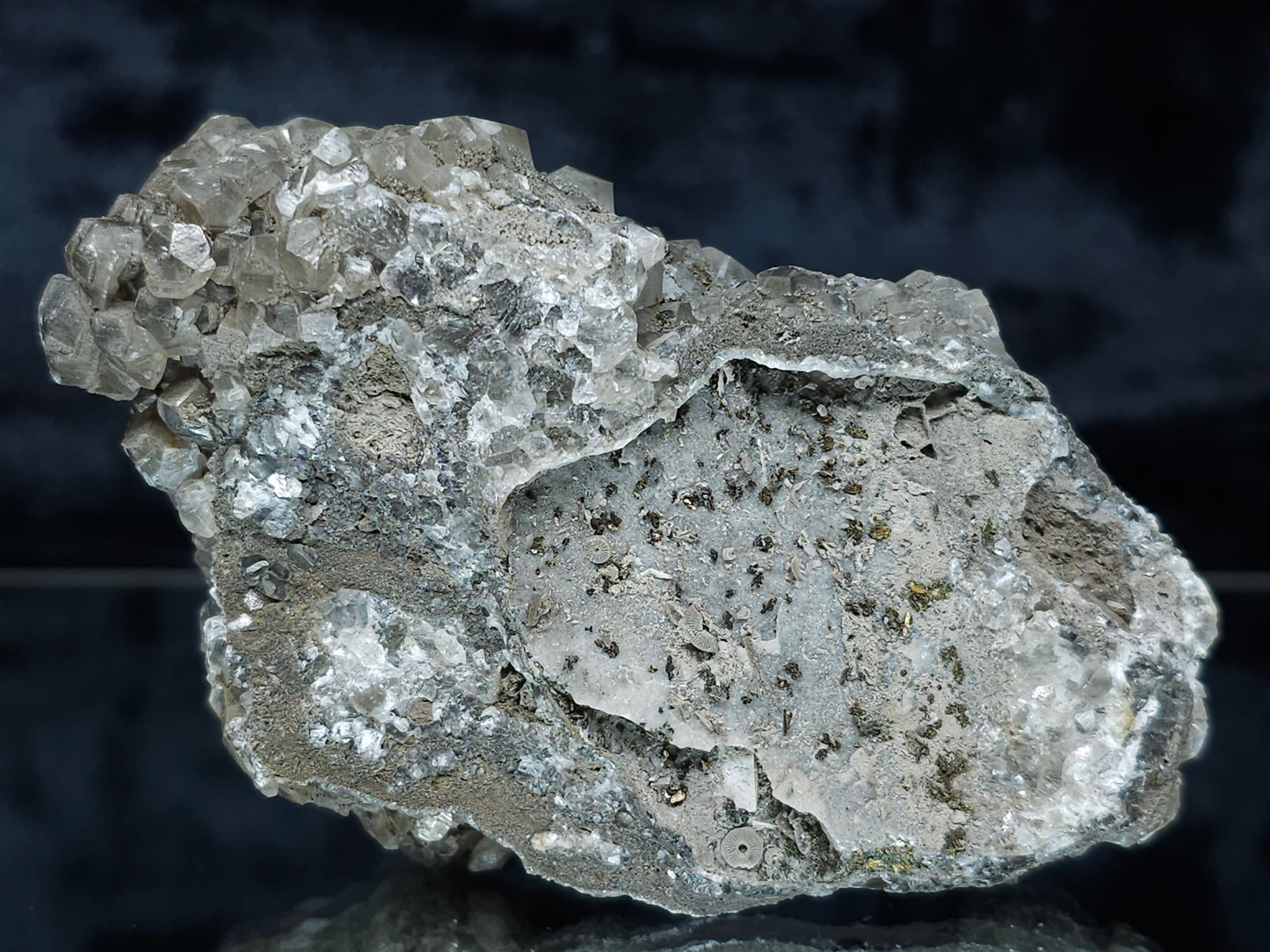 #33186 Double phantom Nailhead Spar Calcite cluster with Chalcopyrite ore and multiple small fossils in the matrix