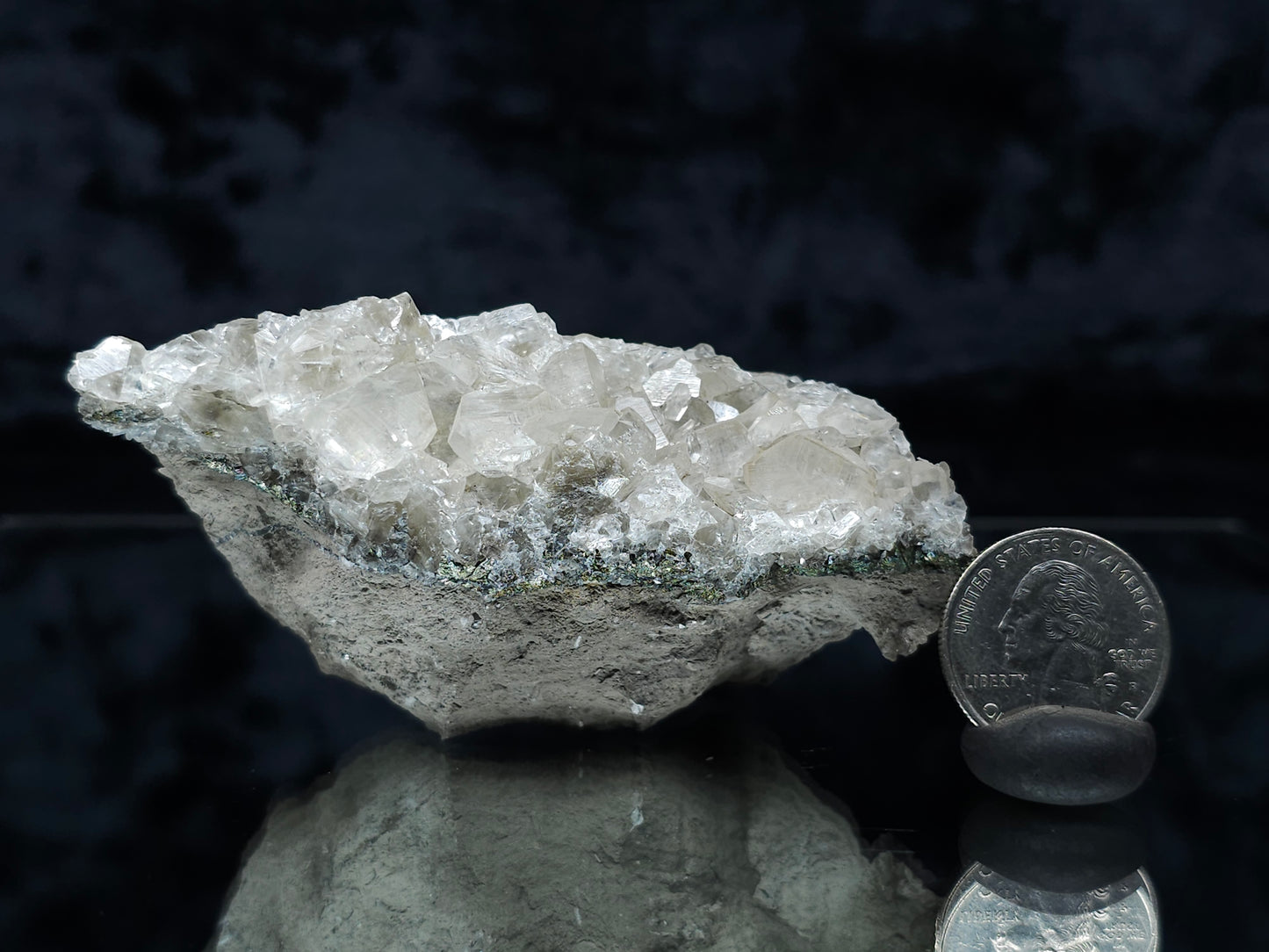 #33202 Super clear Nailhead Spar Calcite cluster and Chalcopyrite ore and multiple small fossils in the matrix