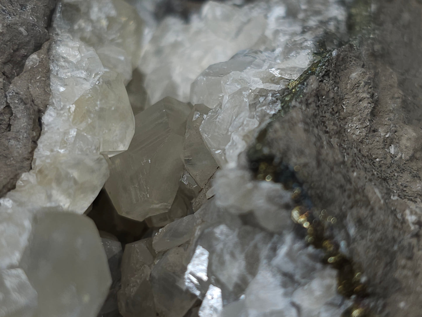 #33211 Double phantom Nailhead Spar Calcite cluster with Chalcopyrite ore and multiple small fossils in the matrix