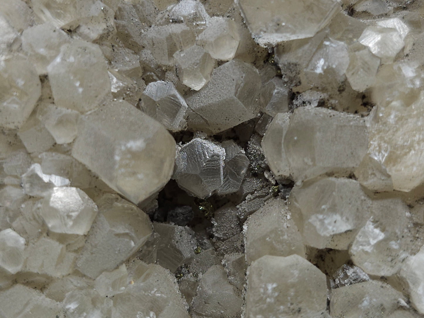 #33213 Double phantom Nailhead Spar Calcite cluster with Chalcopyrite ore and multiple small fossils in the matrix