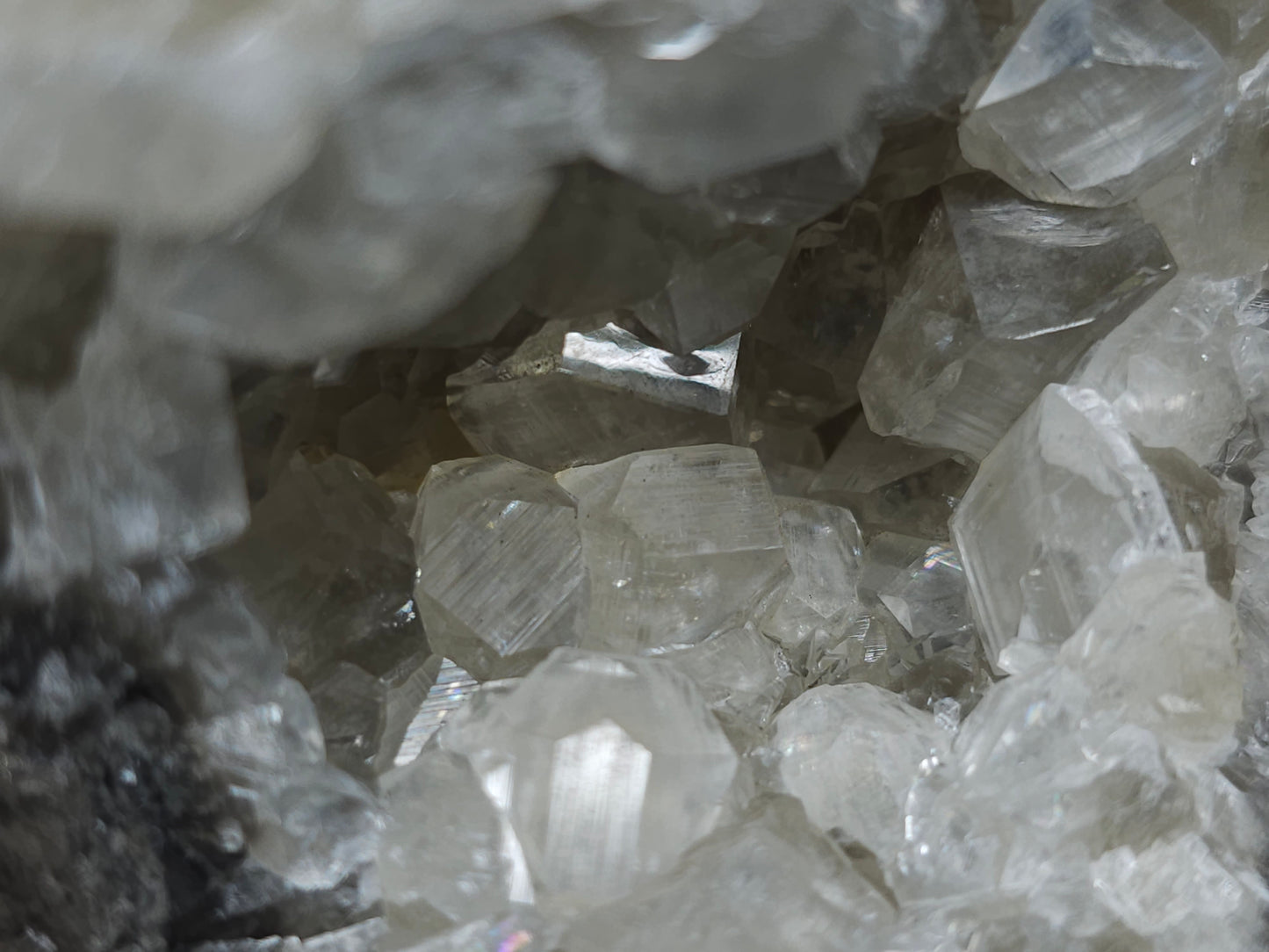 #33215 Super clear Nailhead Spar Calcite geode and Chalcopyrite ore and multiple small fossils in the matrix