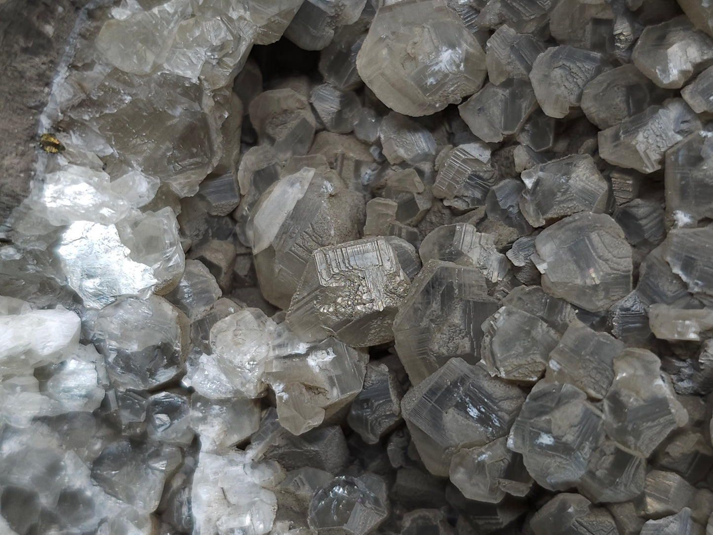#33217 Double phantom Nailhead Spar Calcite cluster with Chalcopyrite ore and multiple small fossils in the matrix
