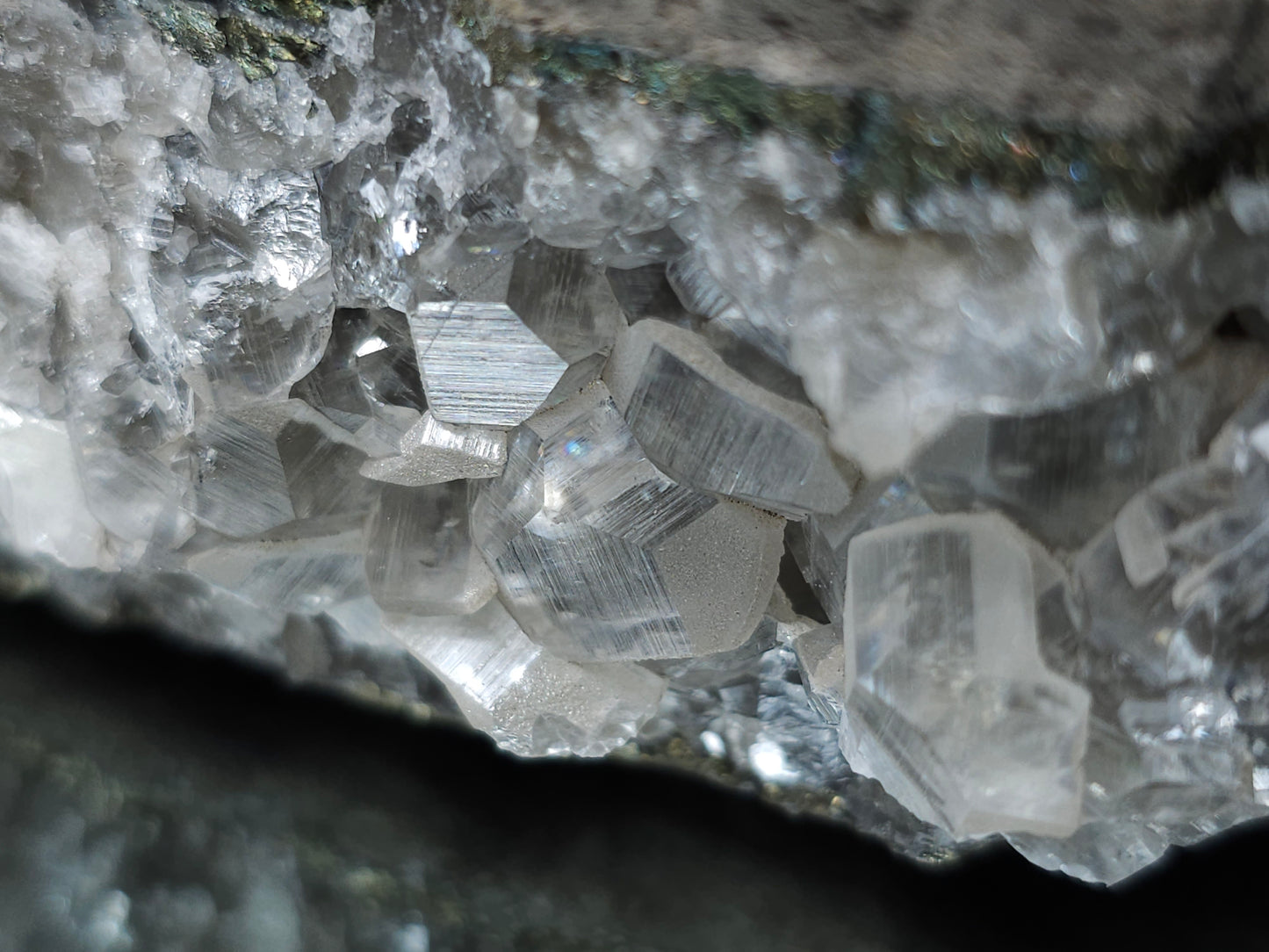#33219 Super clear Nailhead Spar Calcite cluster and Chalcopyrite ore and multiple small fossils in the matrix