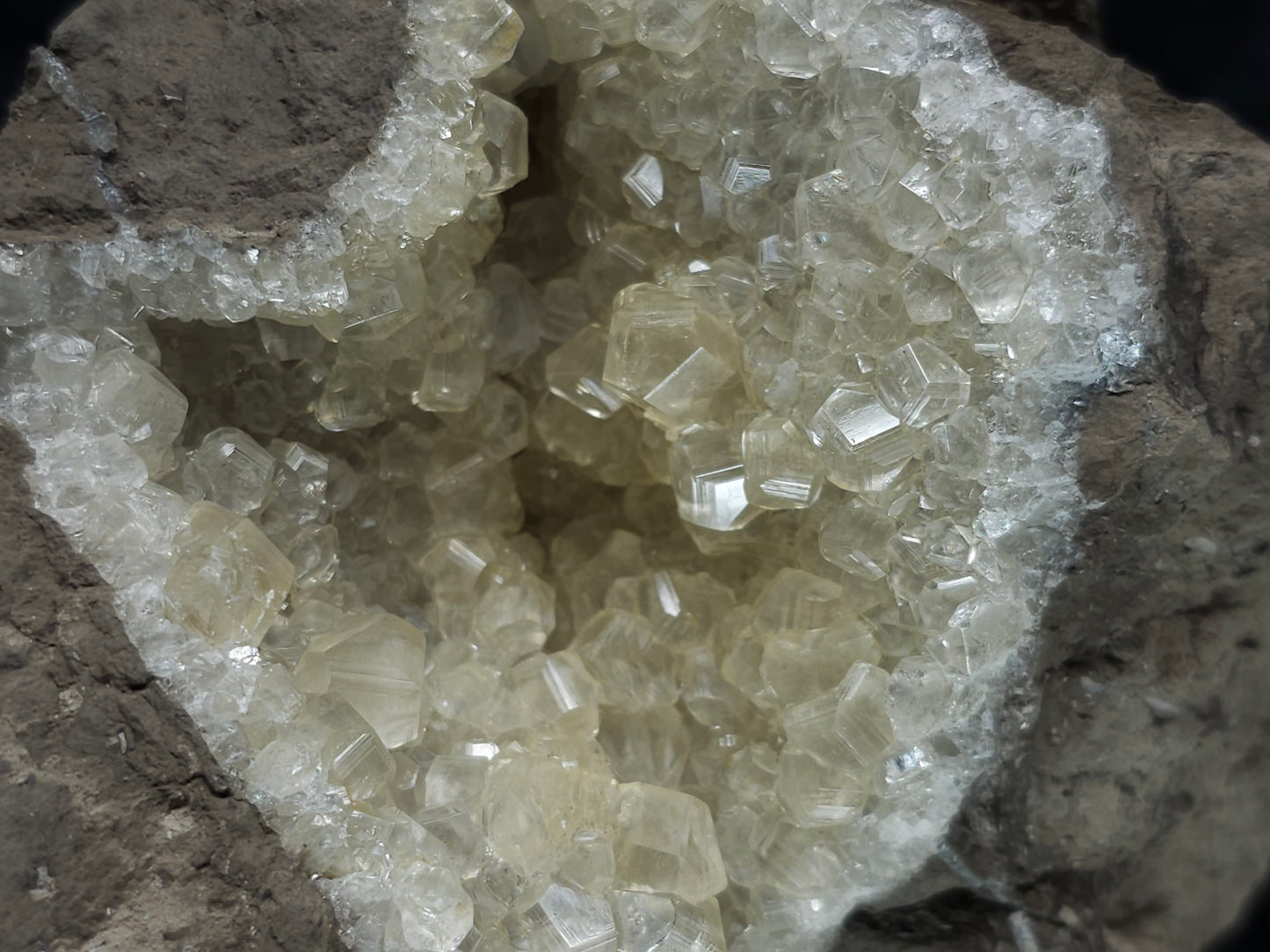 #33974 Super clear Nailhead Spar Calcite geode and Chalcopyrite ore and multiple small fossils in the matrix