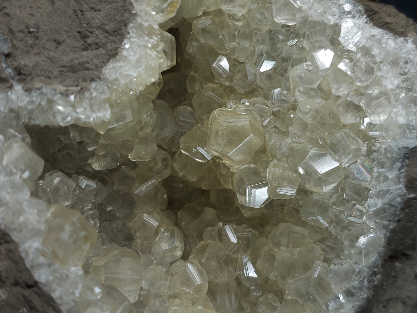 #33974 Super clear Nailhead Spar Calcite geode and Chalcopyrite ore and multiple small fossils in the matrix