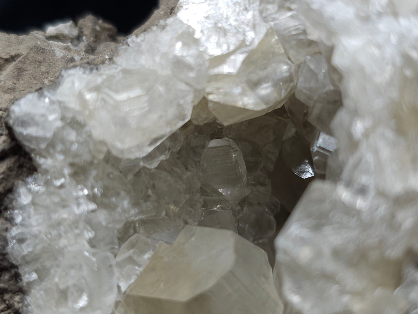 #33972 Super clear Nailhead Spar Calcite geode and Chalcopyrite ore and multiple small fossils in the matrix