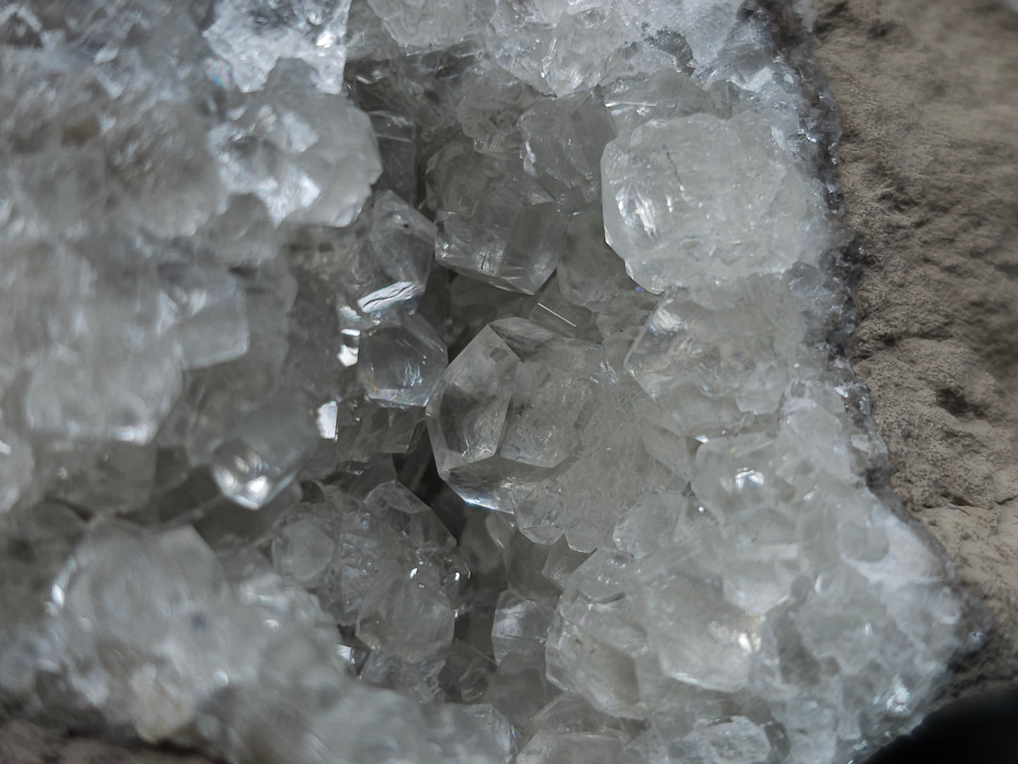 #33973 Super clear Nailhead Spar Calcite geode and Chalcopyrite ore and multiple small fossils in the matrix