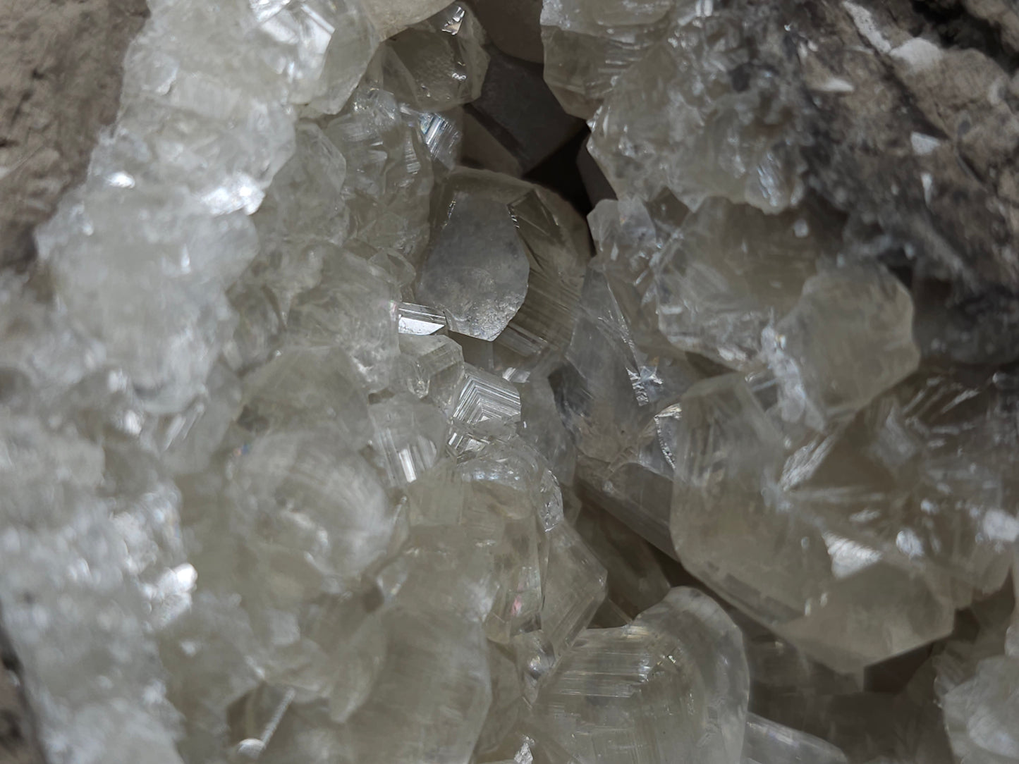 #33976 Super clear Nailhead Spar Calcite geode and Chalcopyrite ore and multiple small fossils in the matrix