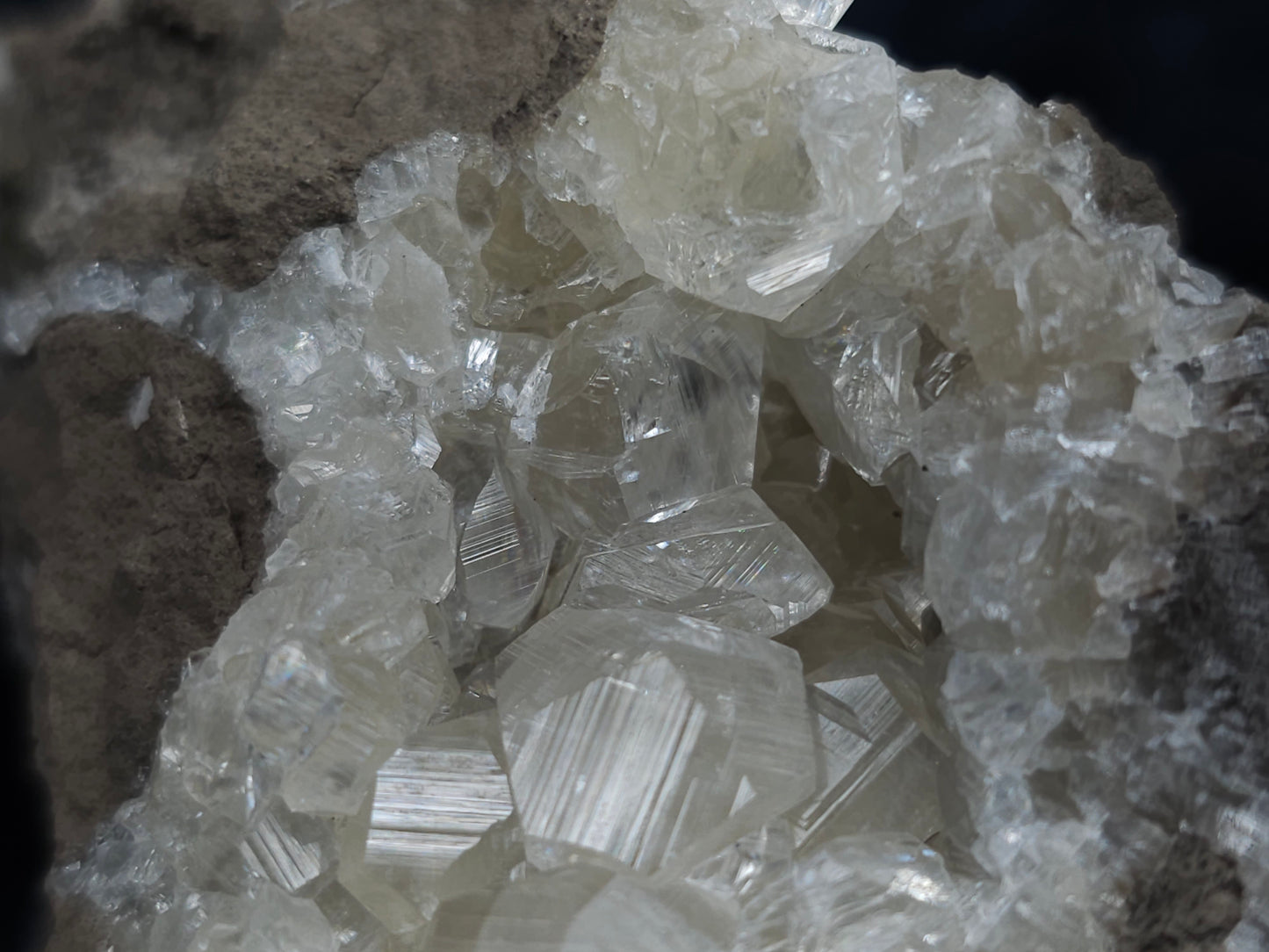 #34011 Super clear Nailhead Spar Calcite geode and Chalcopyrite ore and multiple small fossils in the matrix