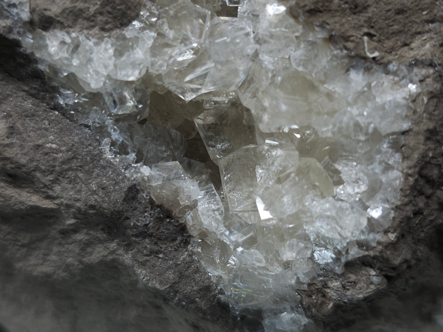 #34010 Super clear Nailhead Spar Calcite geode and Chalcopyrite ore and multiple small fossils in the matrix