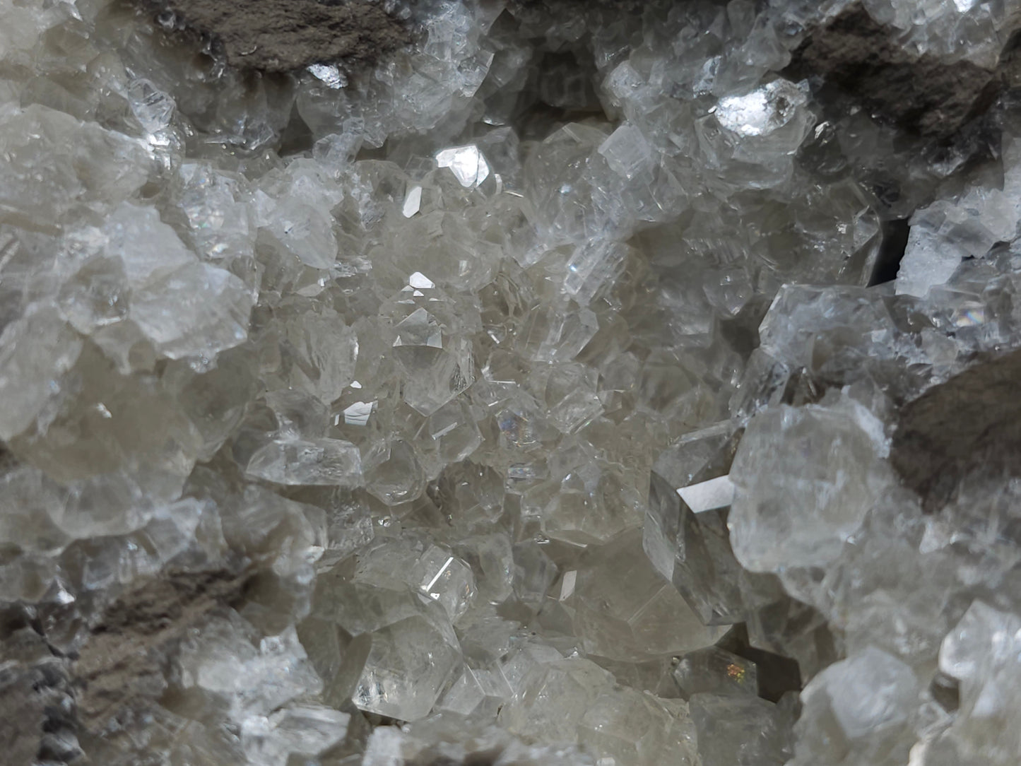 #34010 Super clear Nailhead Spar Calcite geode and Chalcopyrite ore and multiple small fossils in the matrix