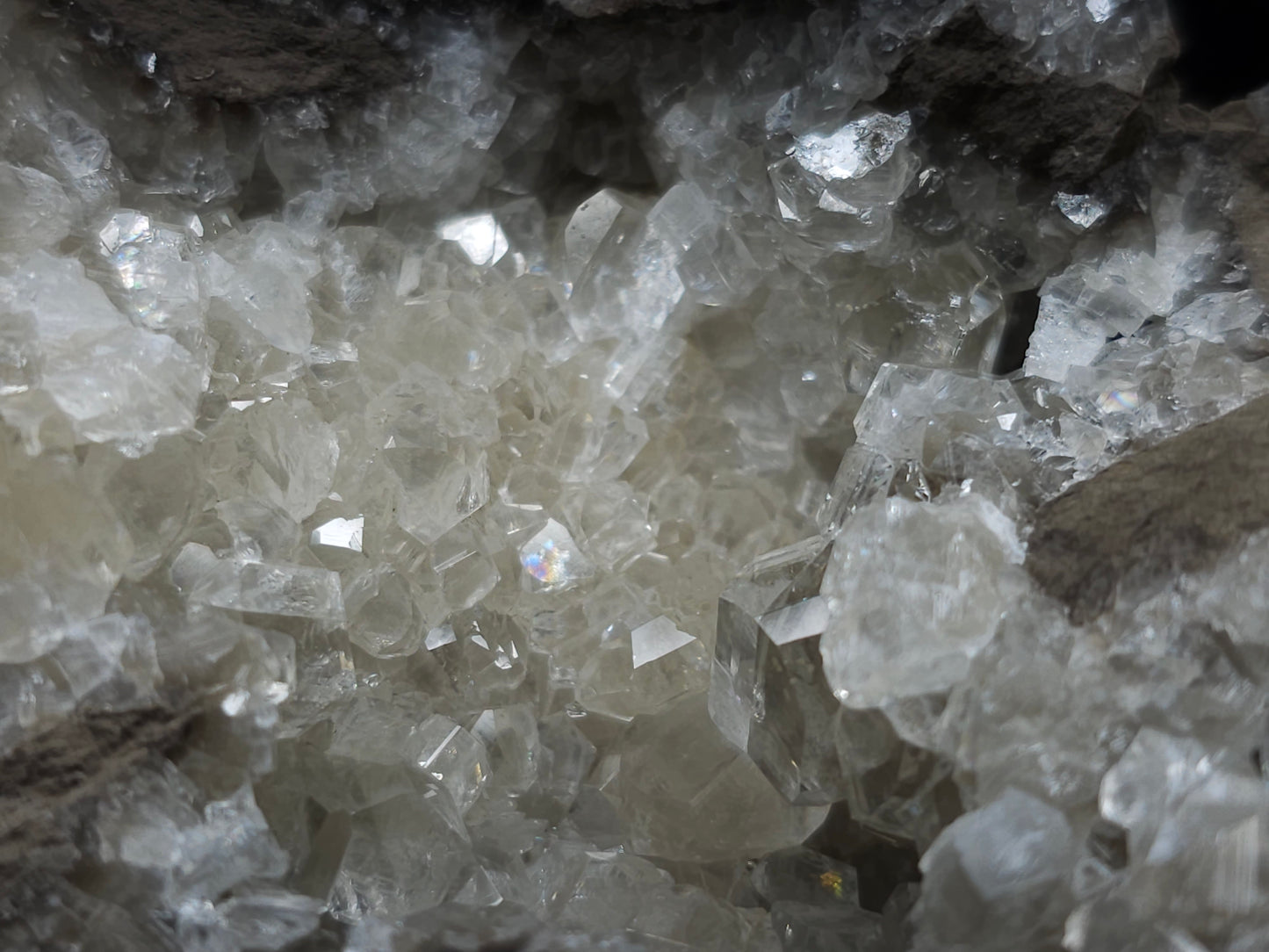 #34010 Super clear Nailhead Spar Calcite geode and Chalcopyrite ore and multiple small fossils in the matrix