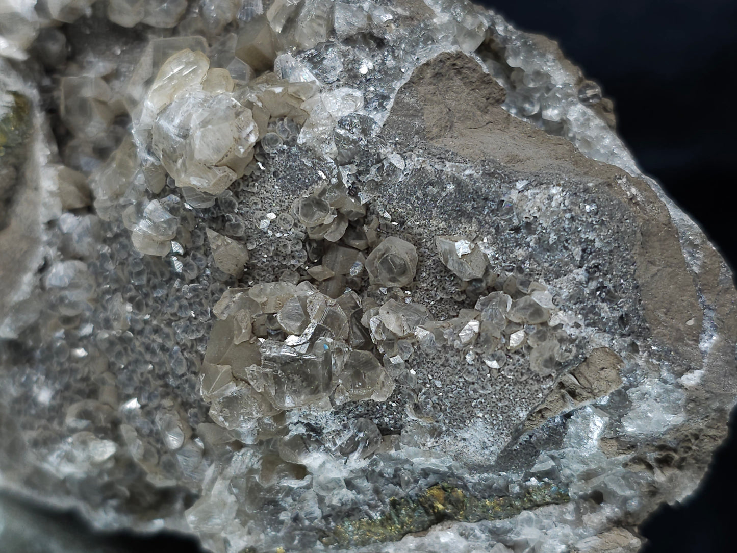 #34015 Double phantom Nailhead Spar Calcite cluster with Chalcopyrite ore and multiple small fossils in the matrix