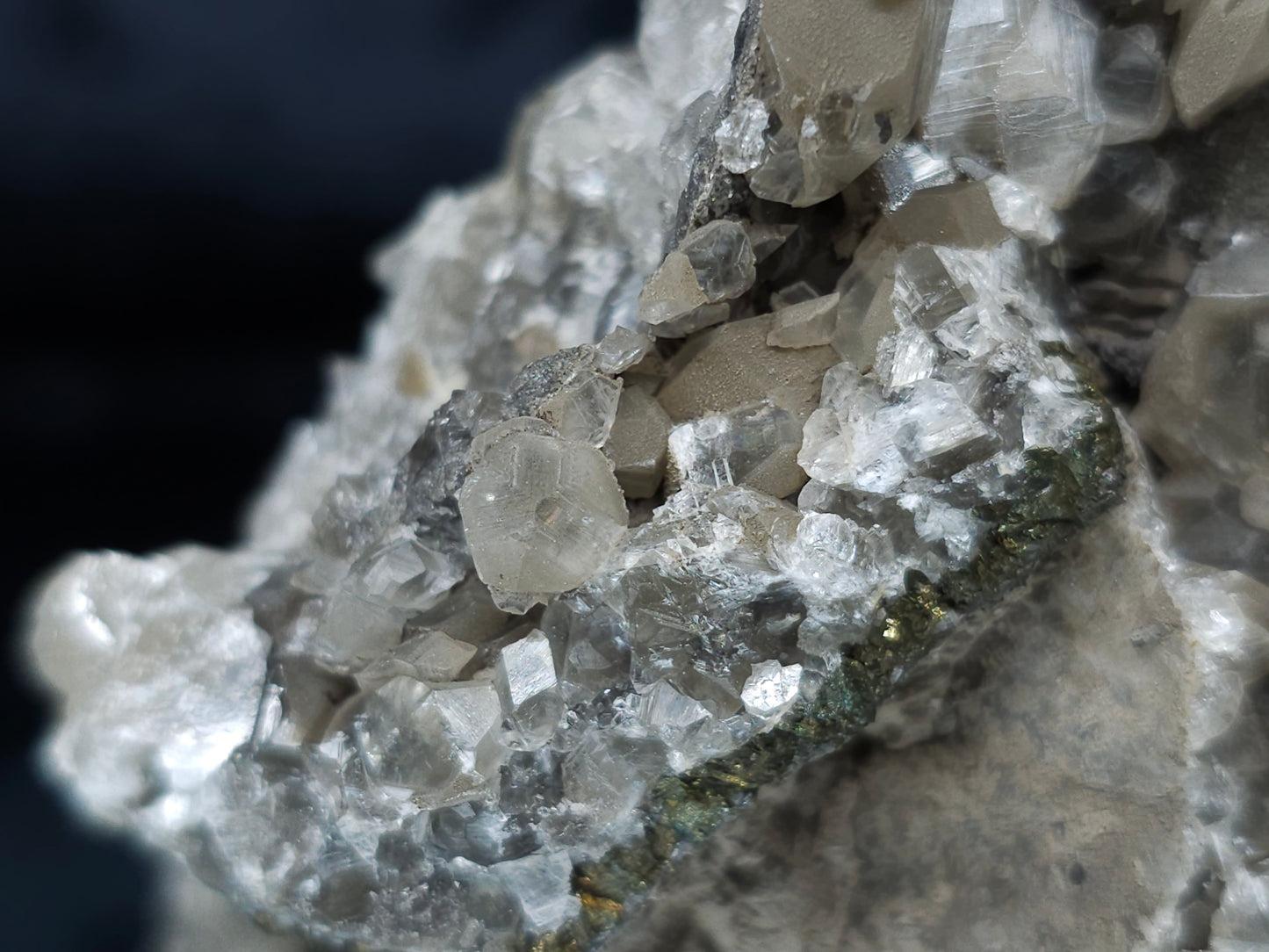 #34015 Double phantom Nailhead Spar Calcite cluster with Chalcopyrite ore and multiple small fossils in the matrix