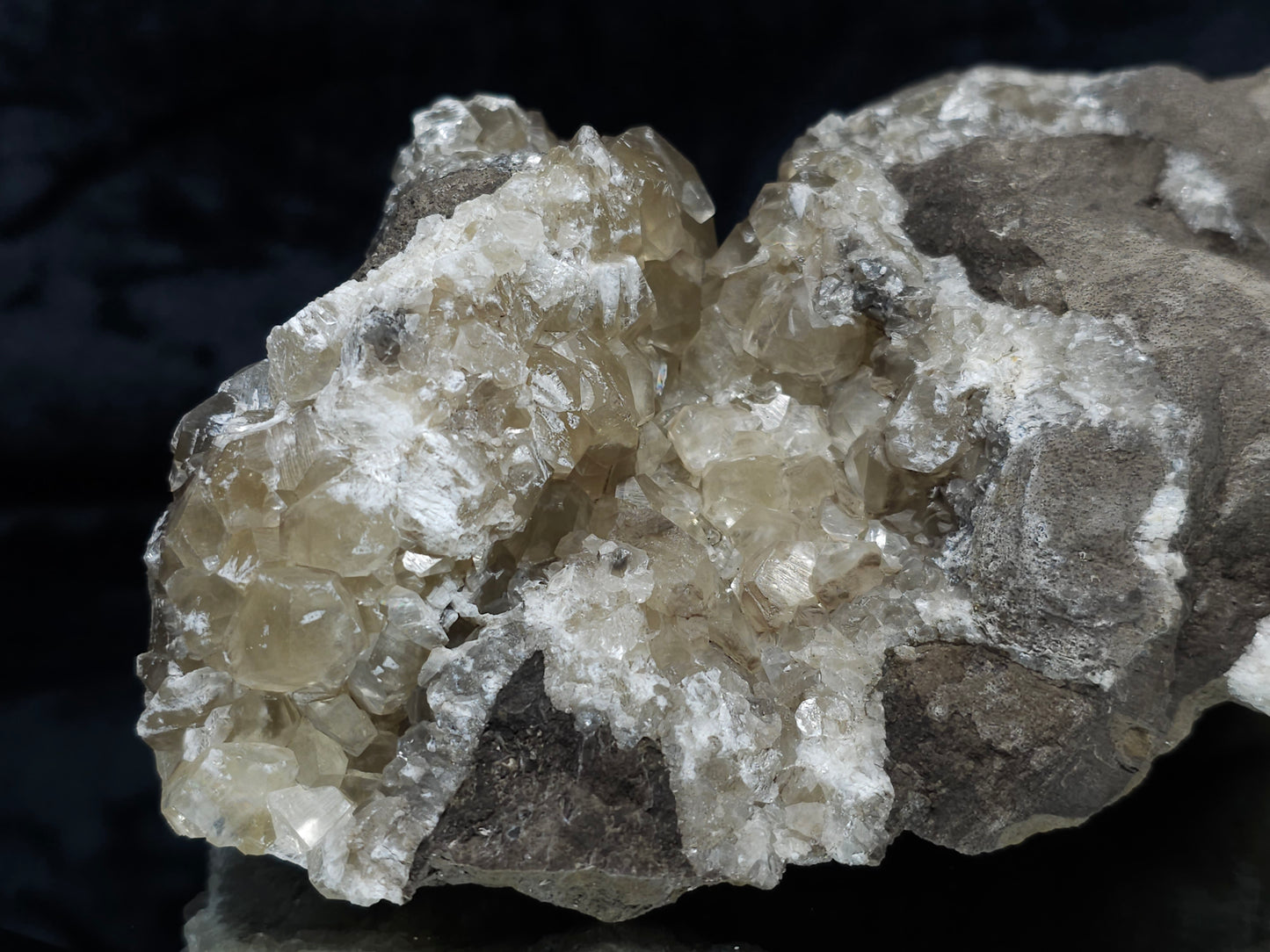 #34017 Double phantom Nailhead Spar Calcite cluster with Chalcopyrite ore and multiple small fossils in the matrix