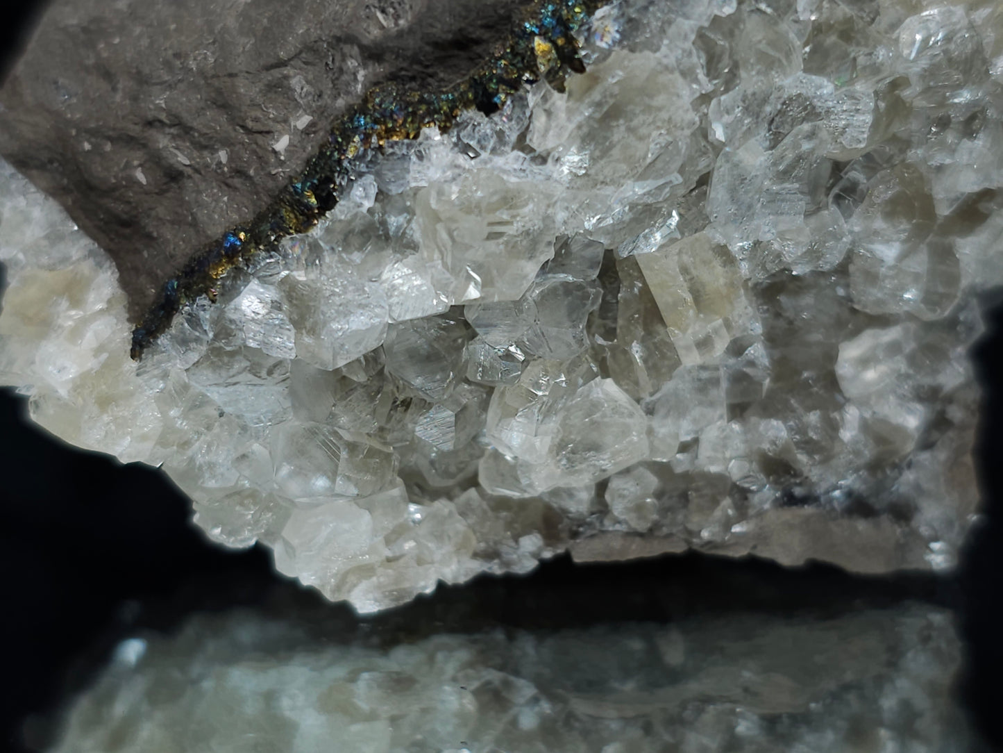 #34018-C Super clear Nailhead Spar Calcite cluster and Chalcopyrite ore and multiple small fossils in the matrix