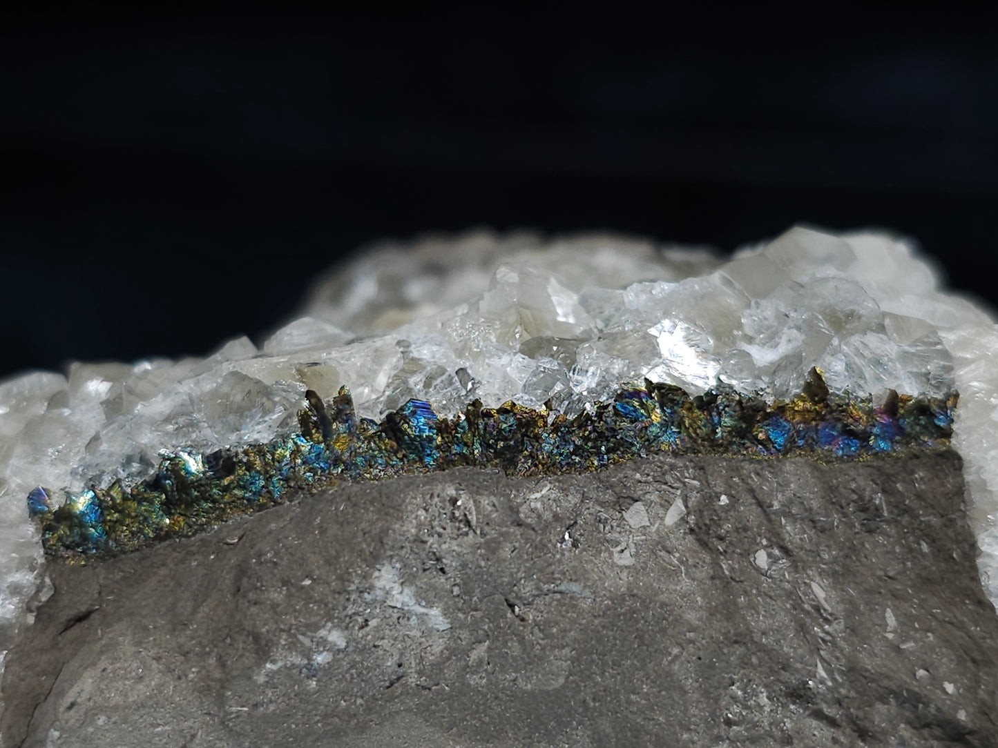 #34018-C Super clear Nailhead Spar Calcite cluster and Chalcopyrite ore and multiple small fossils in the matrix
