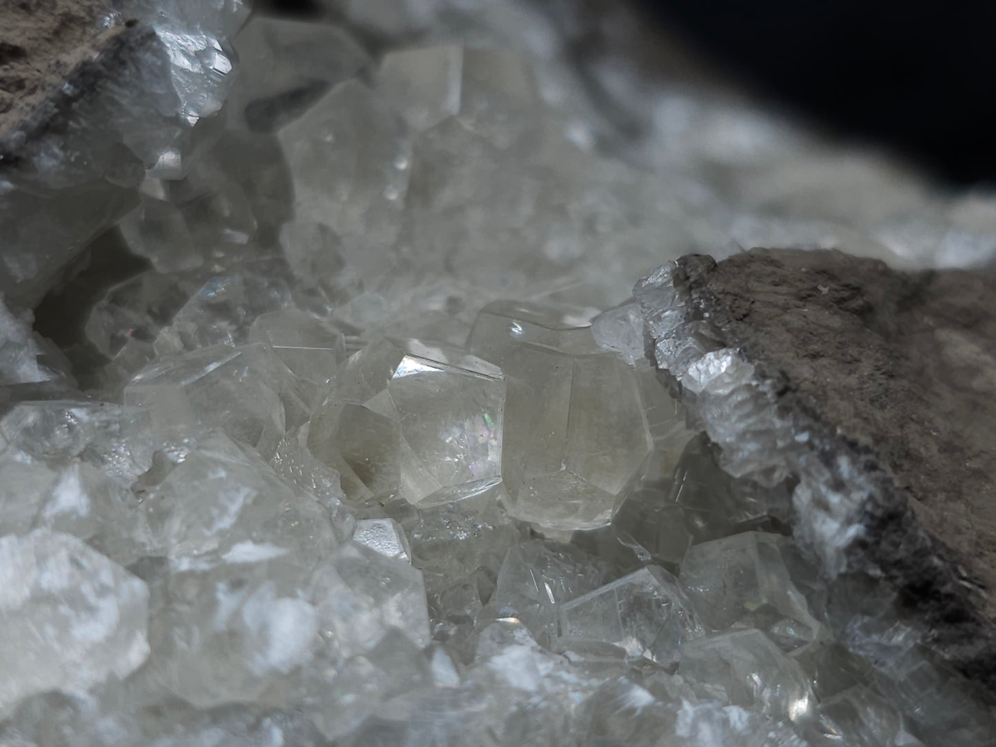 #34020 Super clear Nailhead Spar Calcite geode and Chalcopyrite ore and multiple small fossils in the matrix