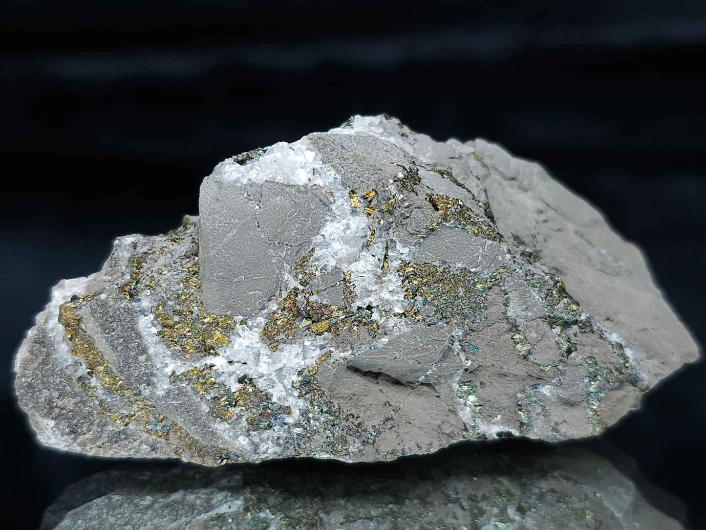 #66035 Chalcopyrite ore with small Calcite lines and multiple fossils