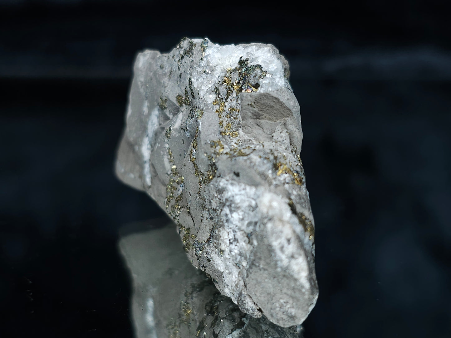 #66035 Chalcopyrite ore with small Calcite lines and multiple fossils