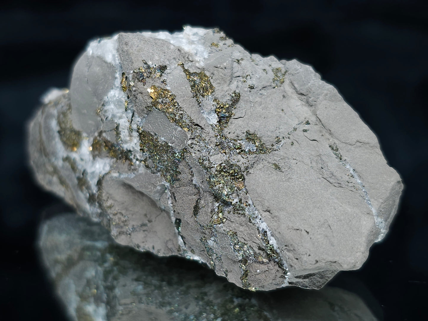 #66035 Chalcopyrite ore with small Calcite lines and multiple fossils