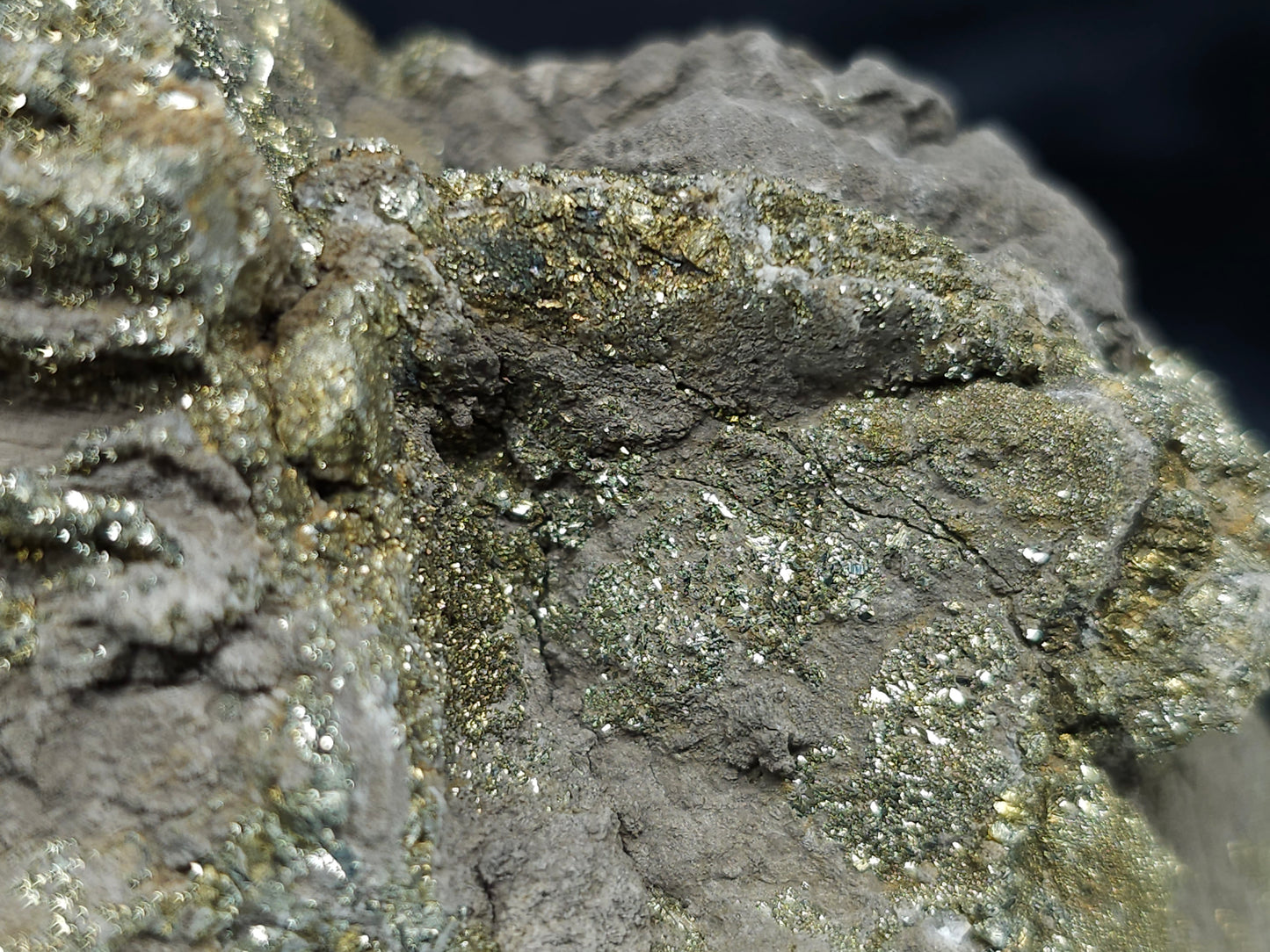 #66041 Marcasite with Chalcopyrite ore and multiple small hydrothermal Calcite deposit formation as well as small fossils