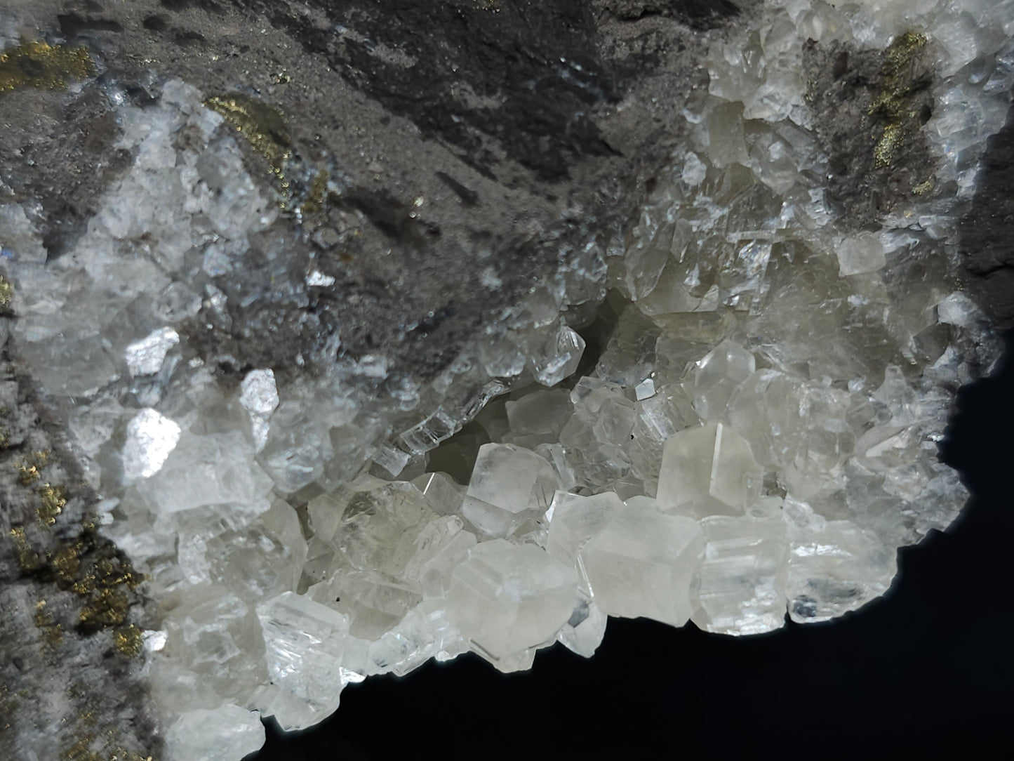 #66048 Hydrothermal Nailhead Spar Calcite geode with golden Chalcopyrite ore deposit formation among small fossils