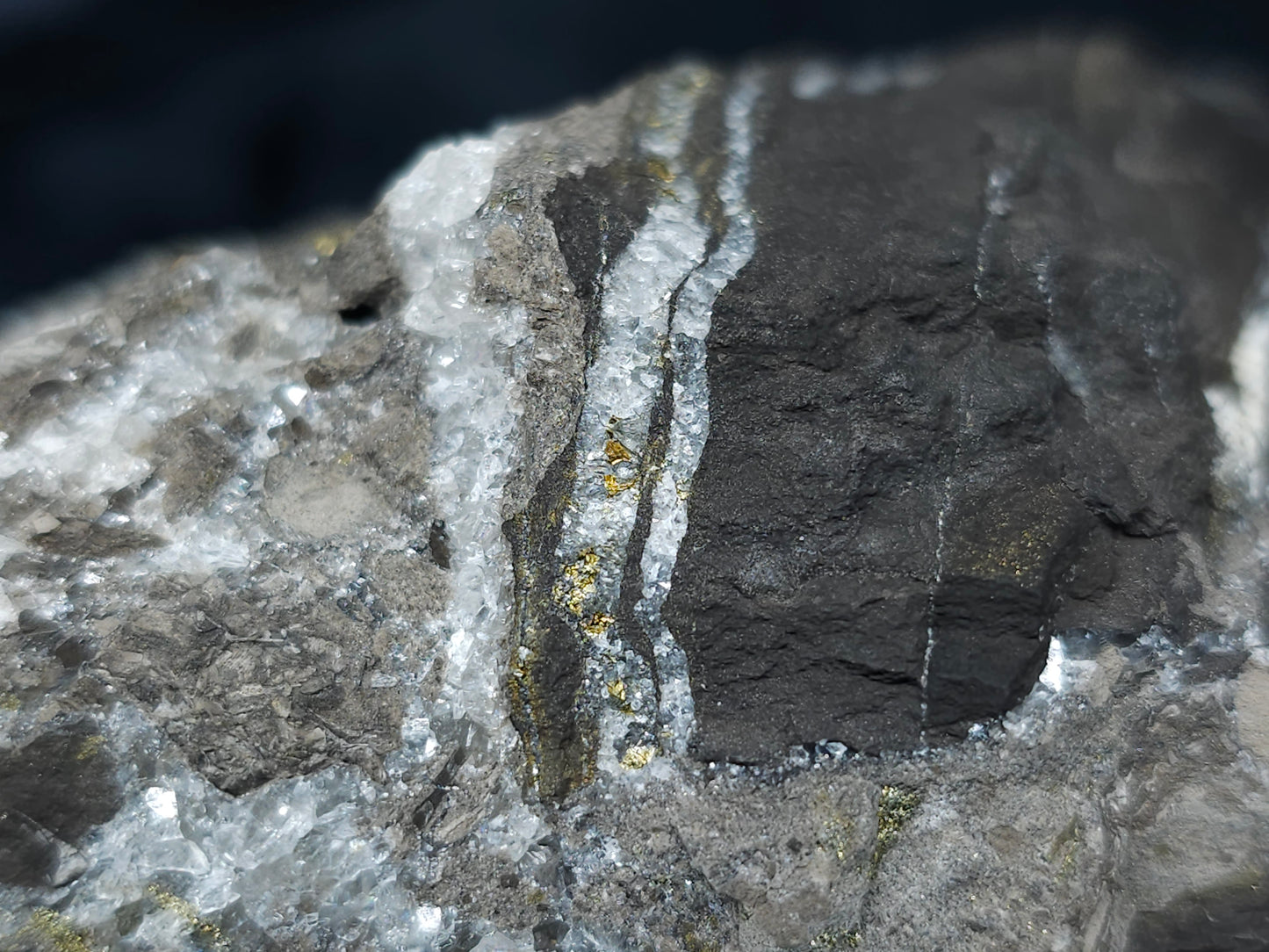 #66048 Hydrothermal Nailhead Spar Calcite geode with golden Chalcopyrite ore deposit formation among small fossils