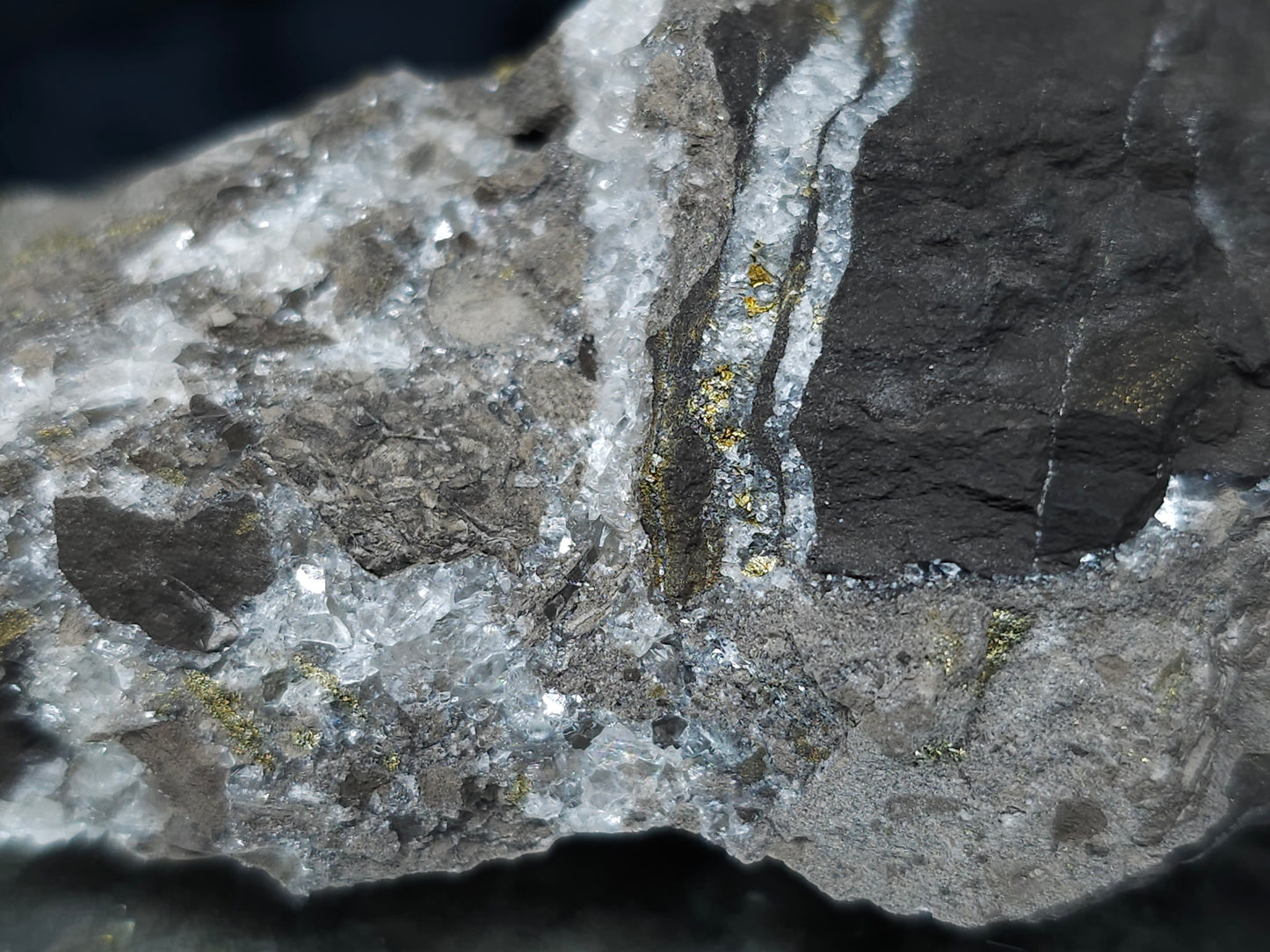#66048 Hydrothermal Nailhead Spar Calcite geode with golden Chalcopyrite ore deposit formation among small fossils