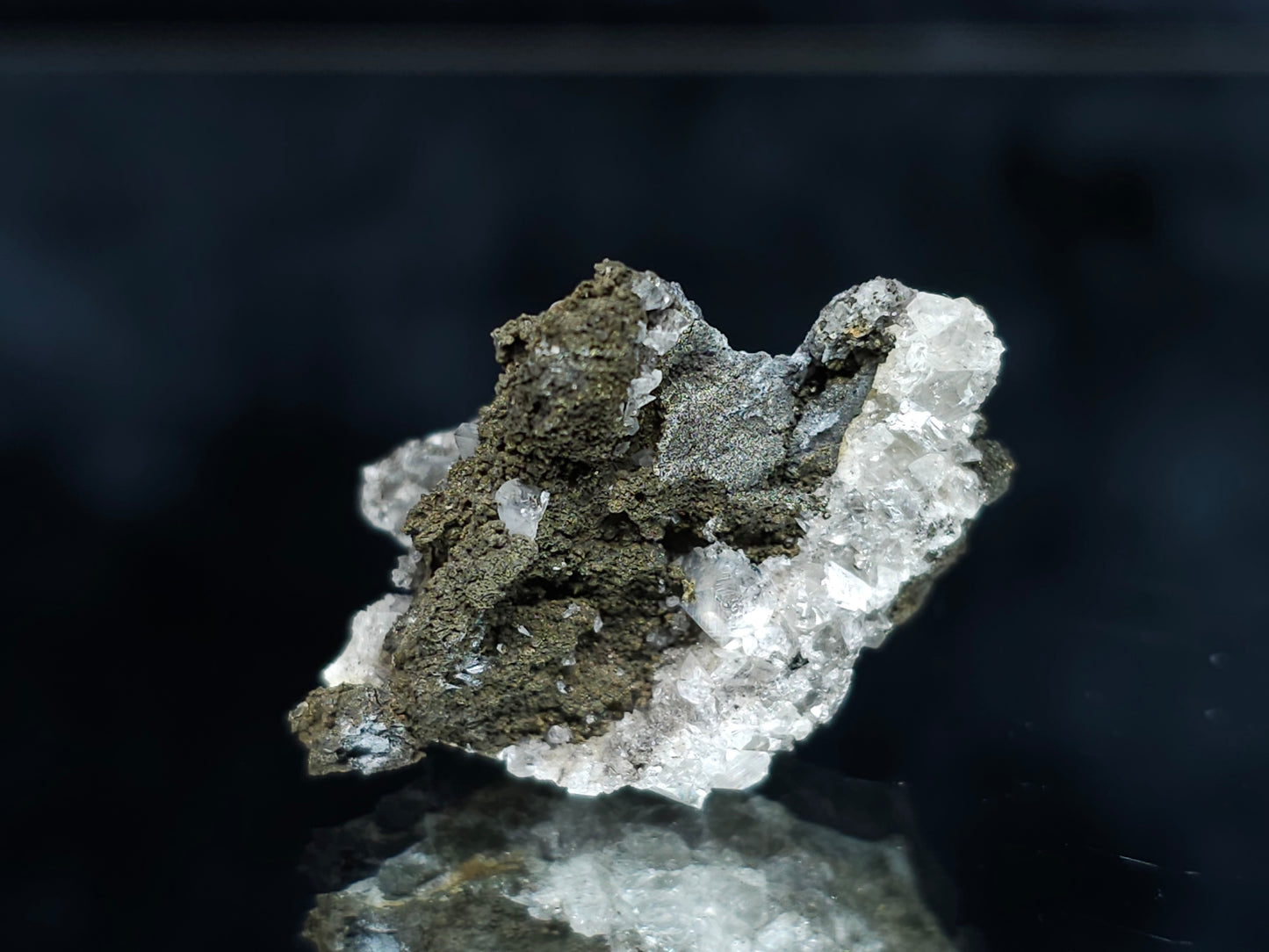 #66114 Clear Nailhead Spar Calcite on hydrothermal Chalcopyrite ore on multiple small fossils