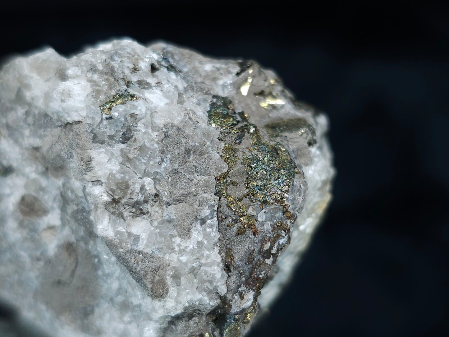 #66123 Iridescent golden Chalcopyrite ore with Marcasite formation, with hydrothermal Calcite deposit with multiple fossils