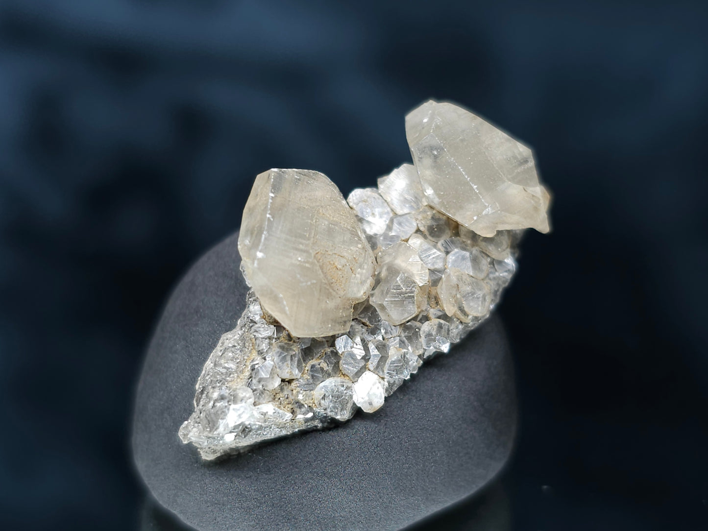 #33543 Double phantom Nailhead Spar Calcite tiny cluster with Chalcopyrite ore and multiple small fossils in the matrix