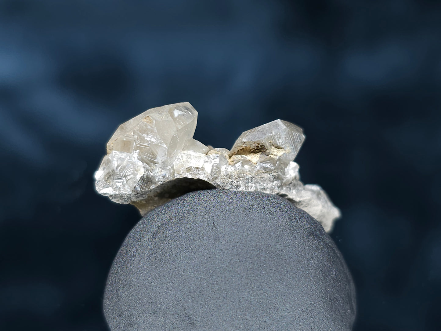 #33543 Double phantom Nailhead Spar Calcite tiny cluster with Chalcopyrite ore and multiple small fossils in the matrix