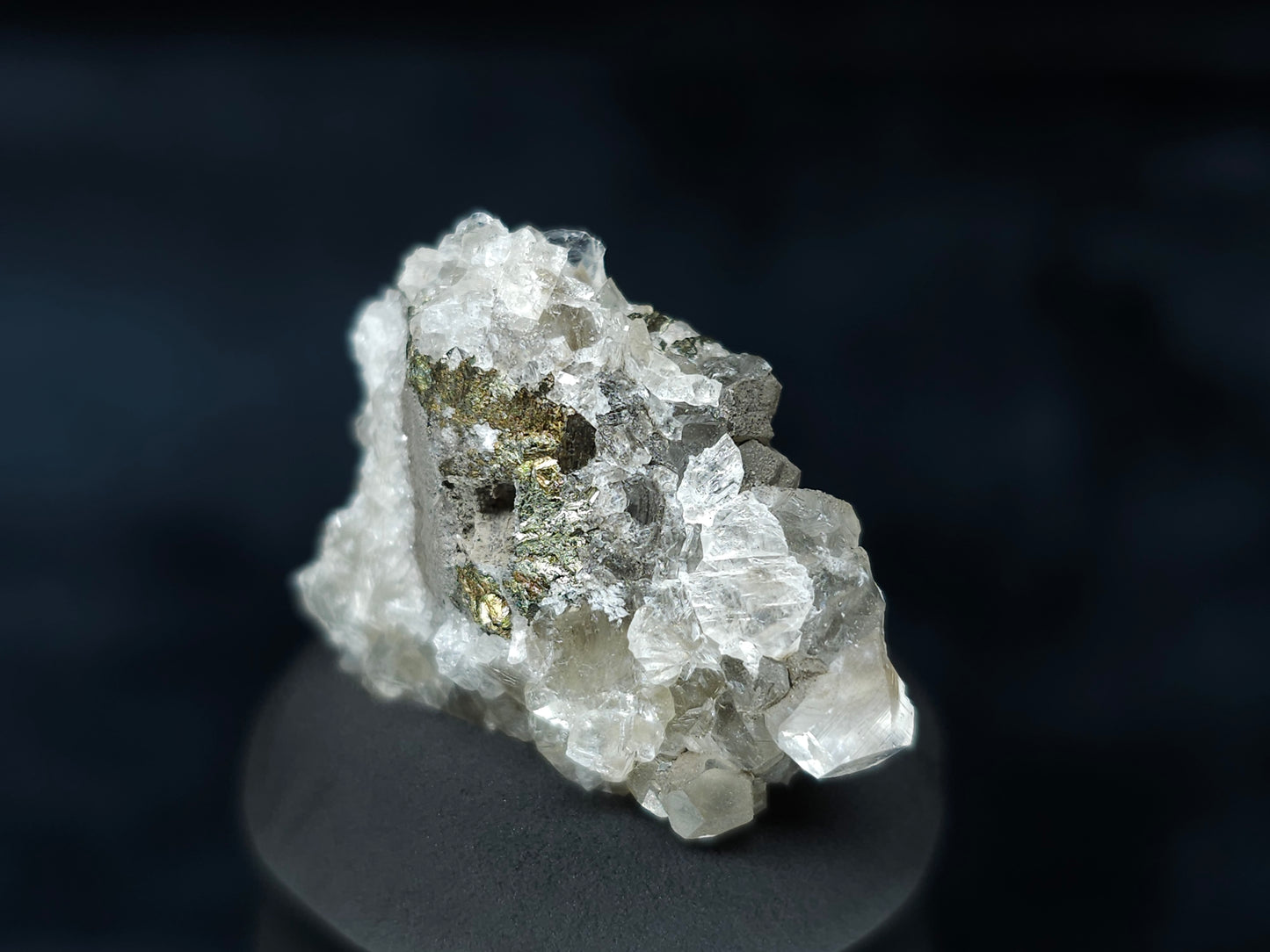 #33589 Super clear Nailhead Spar Calcite tiny cluster and Chalcopyrite ore and multiple small fossils in the matrix