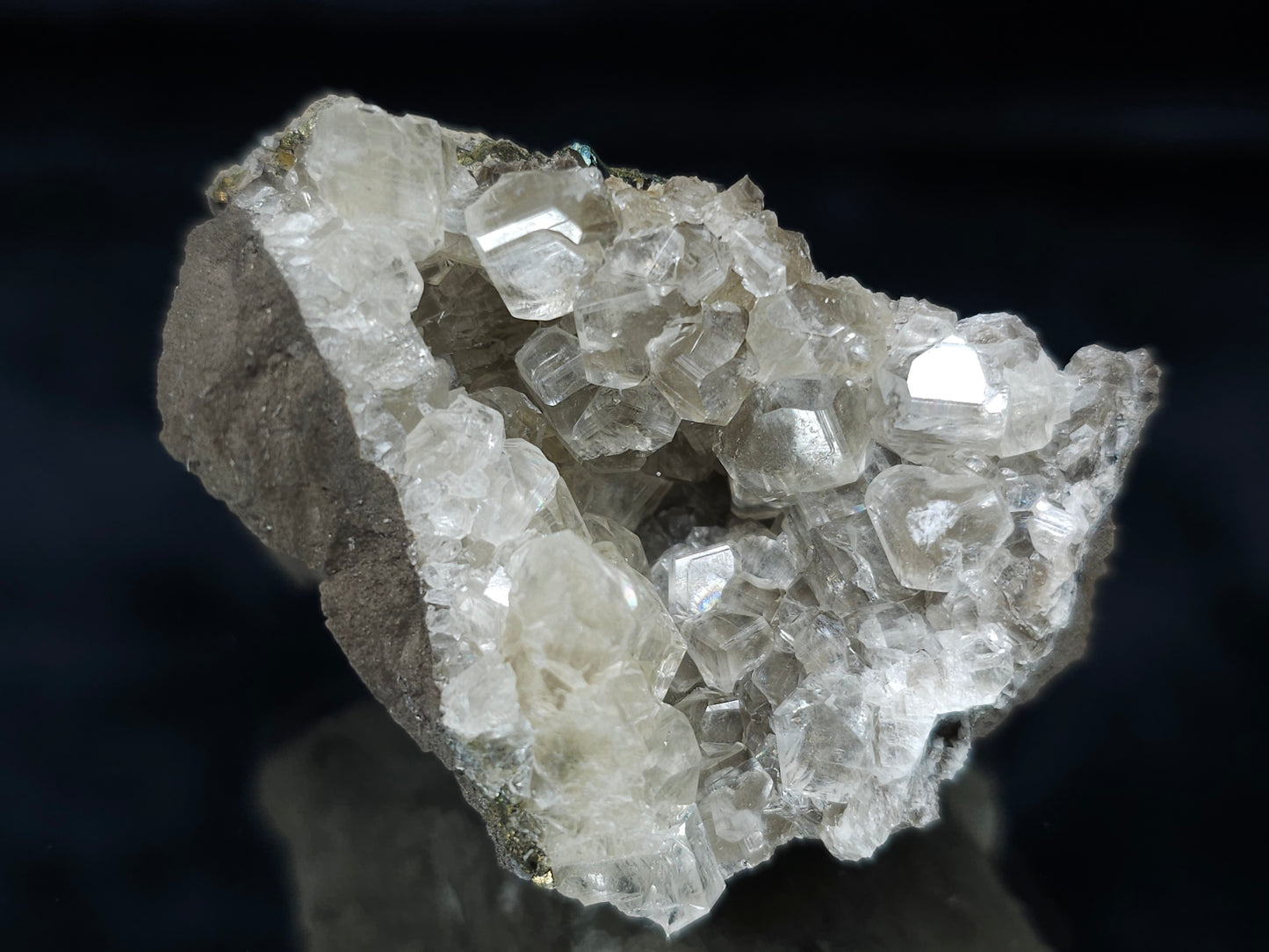 #33662 Super clear Nailhead Spar Calcite geode and Chalcopyrite ore and multiple small fossils in the matrix