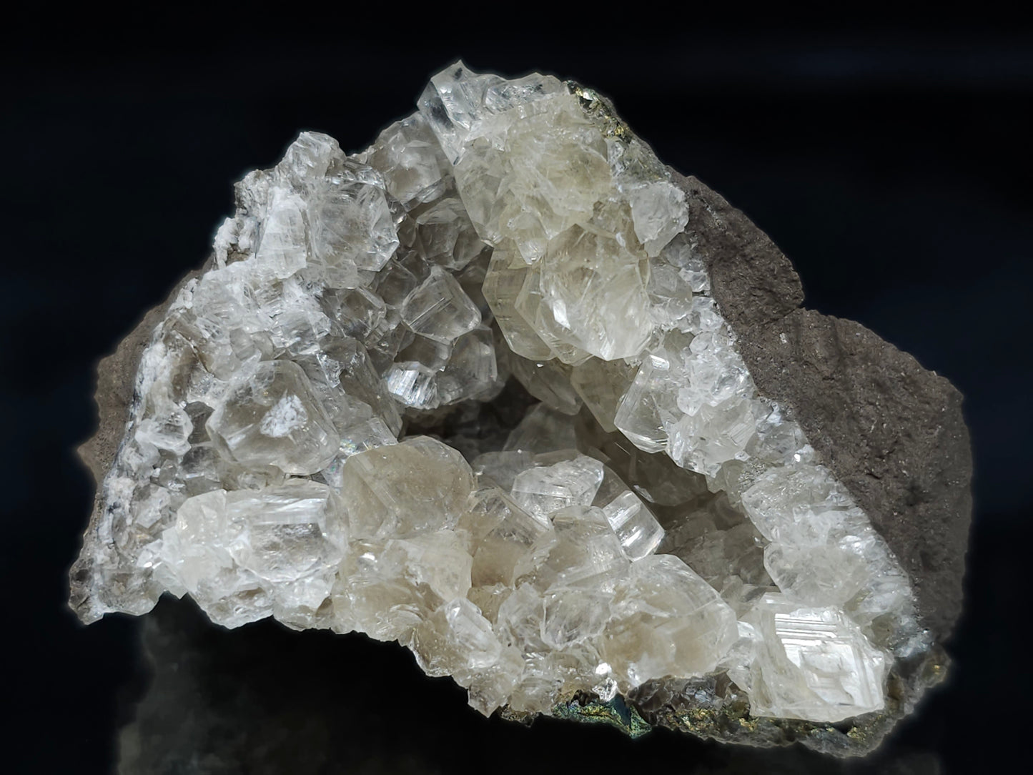 #33662 Super clear Nailhead Spar Calcite geode and Chalcopyrite ore and multiple small fossils in the matrix