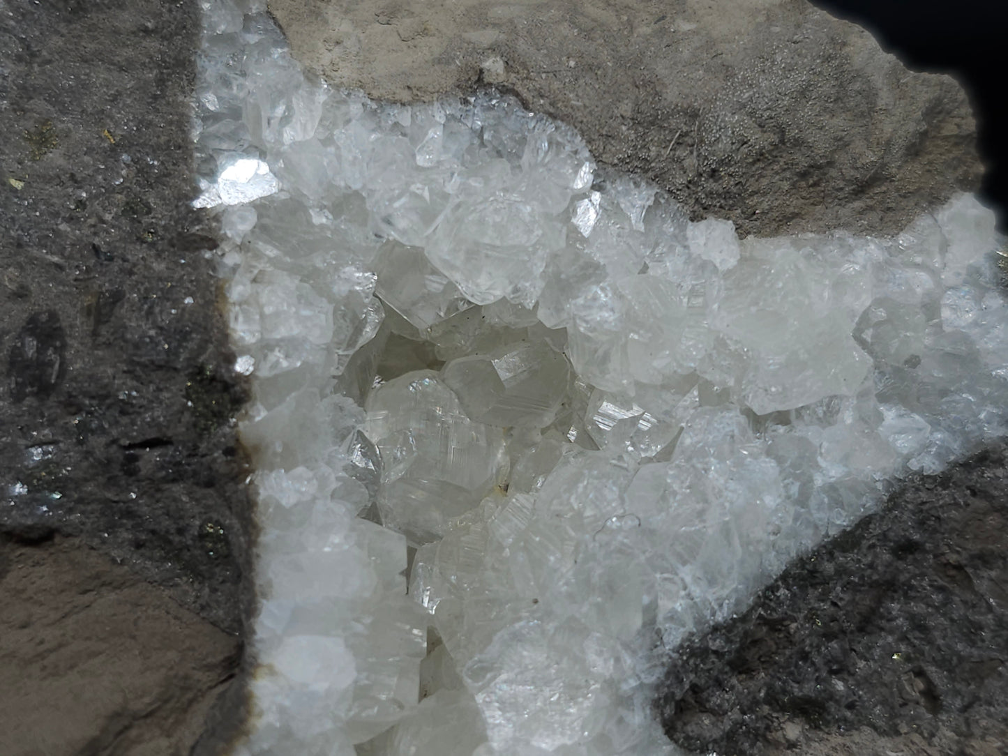 #33680 Super clear Nailhead Spar Calcite cluster and Chalcopyrite ore and multiple small fossils in the matrix