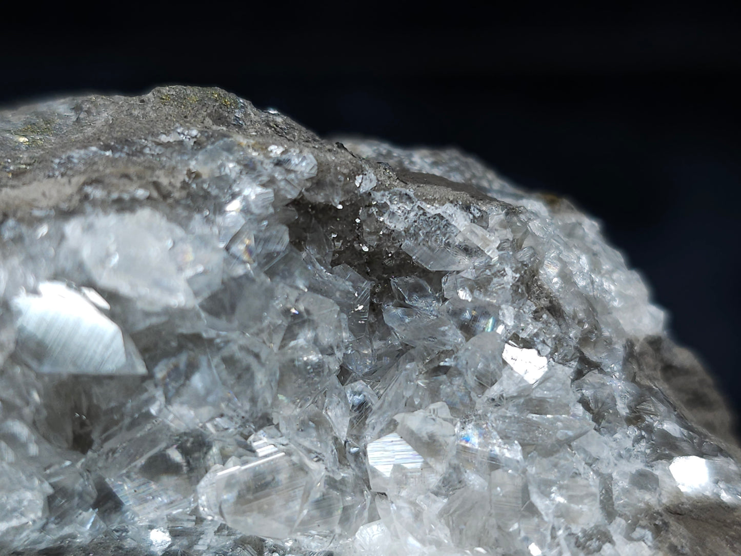 #33694 Super clear Nailhead Spar Calcite cluster and Chalcopyrite ore and multiple small fossils in the matrix
