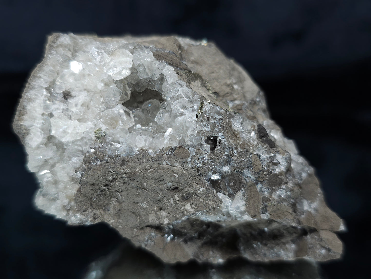 #33697 Super clear Nailhead Spar Calcite geode and Chalcopyrite ore and multiple small fossils in the matrix