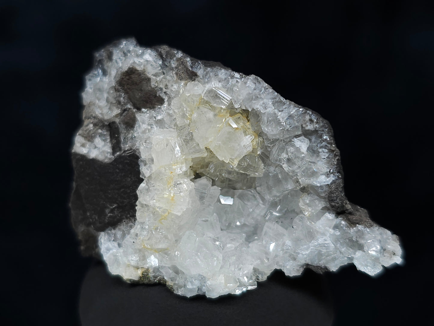 #35930 Super clear Nailhead Spar Calcite geode, Chalcopyrite ore and multiple small fossils in the matrix