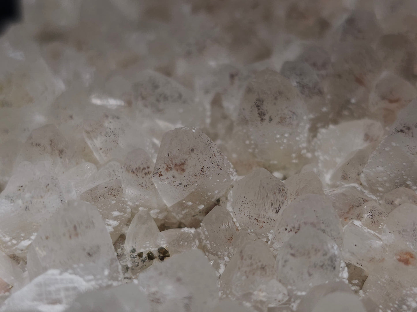 #11027 Clear Combined form Calcite cluster with Hematite phantom inclusions