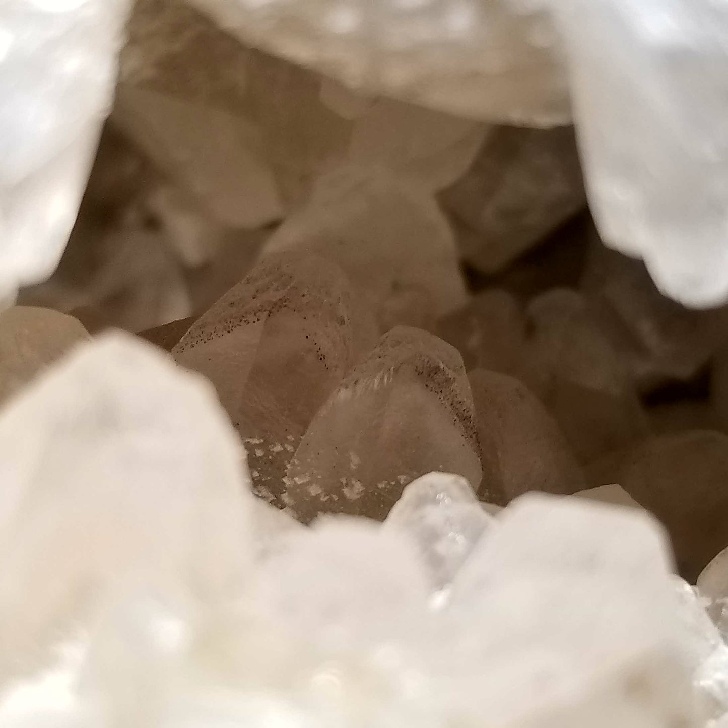 #11028 White Dolomite on clear and white Combined form Calcite mouth with Hematite