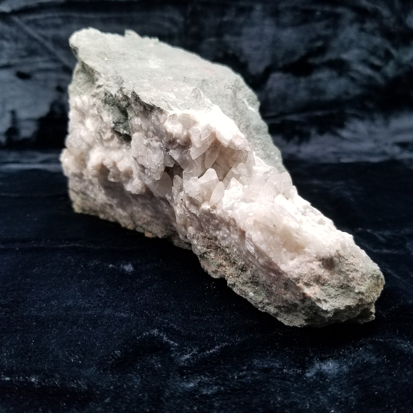 #11028 White Dolomite on clear and white Combined form Calcite mouth with Hematite