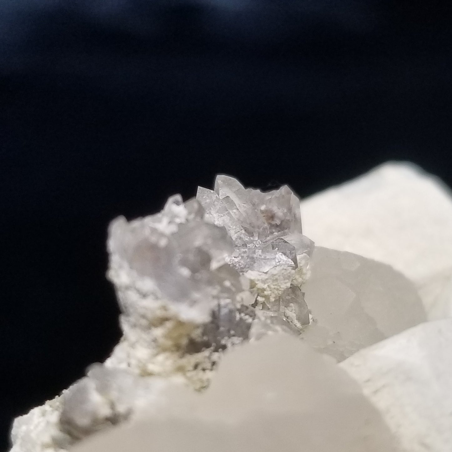 #11032 White Dolomite and Spirit Quartz on Combined form Calcite with multiple formation