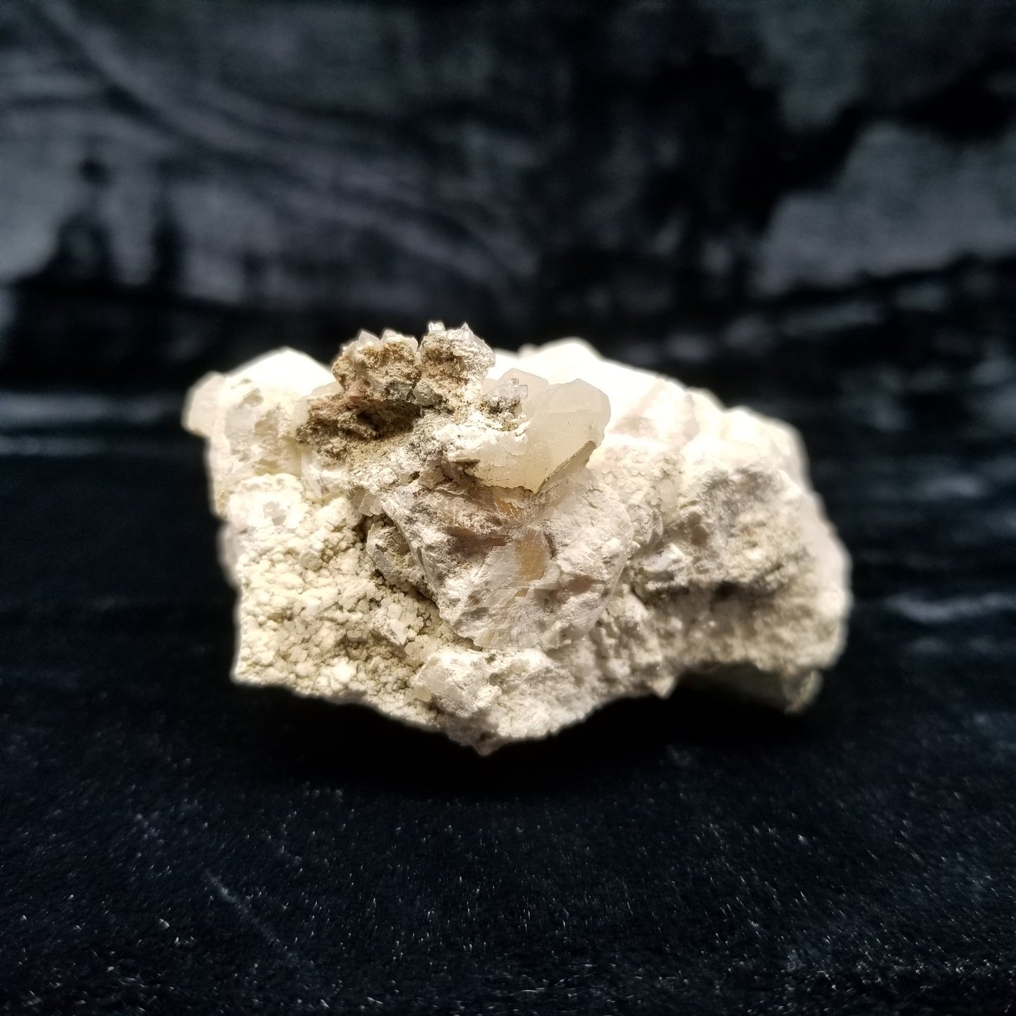 #11032 White Dolomite and Spirit Quartz on Combined form Calcite with multiple formation