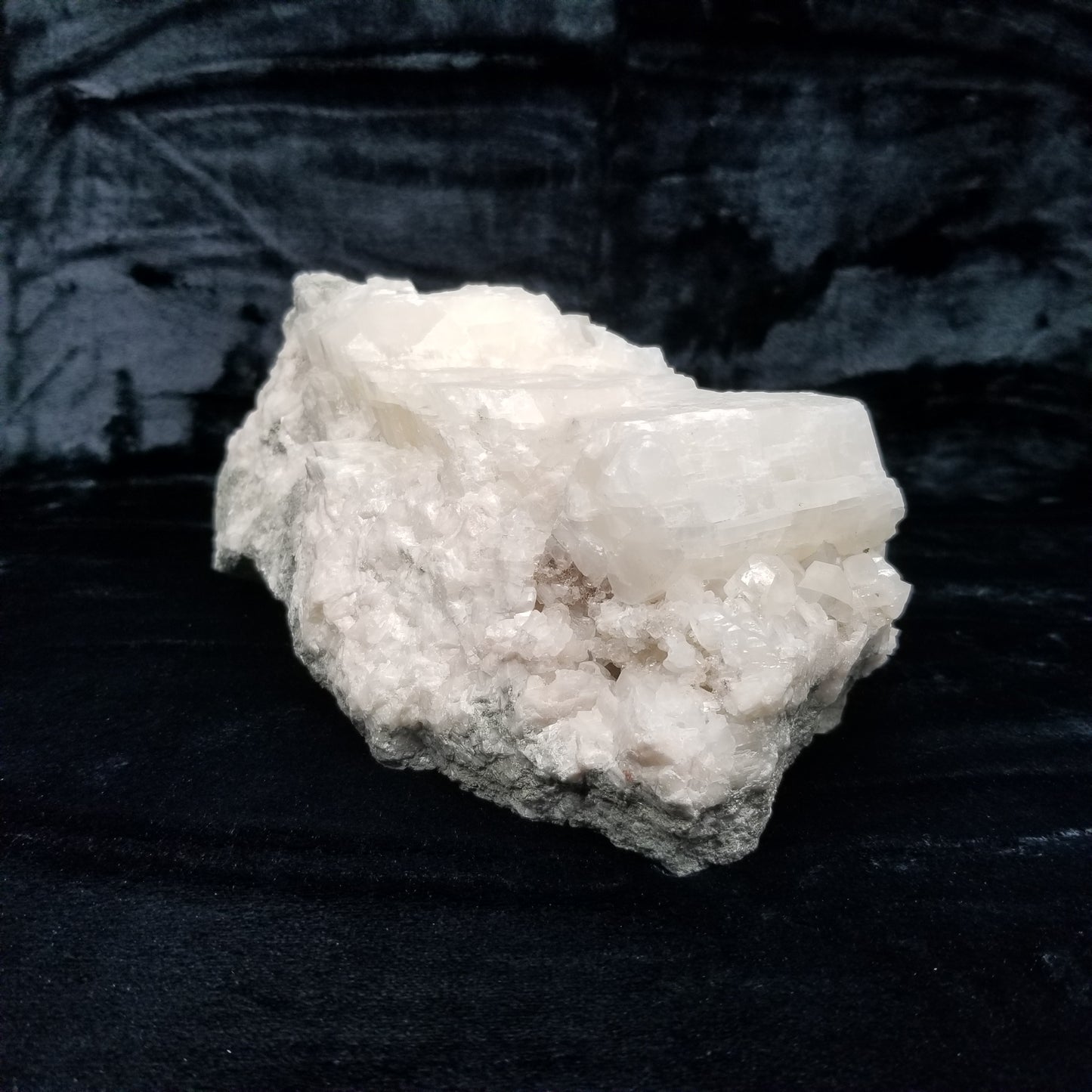 #11040 White Combined form Calcite on large white Calcite block with Chalcopyrite, on matrix